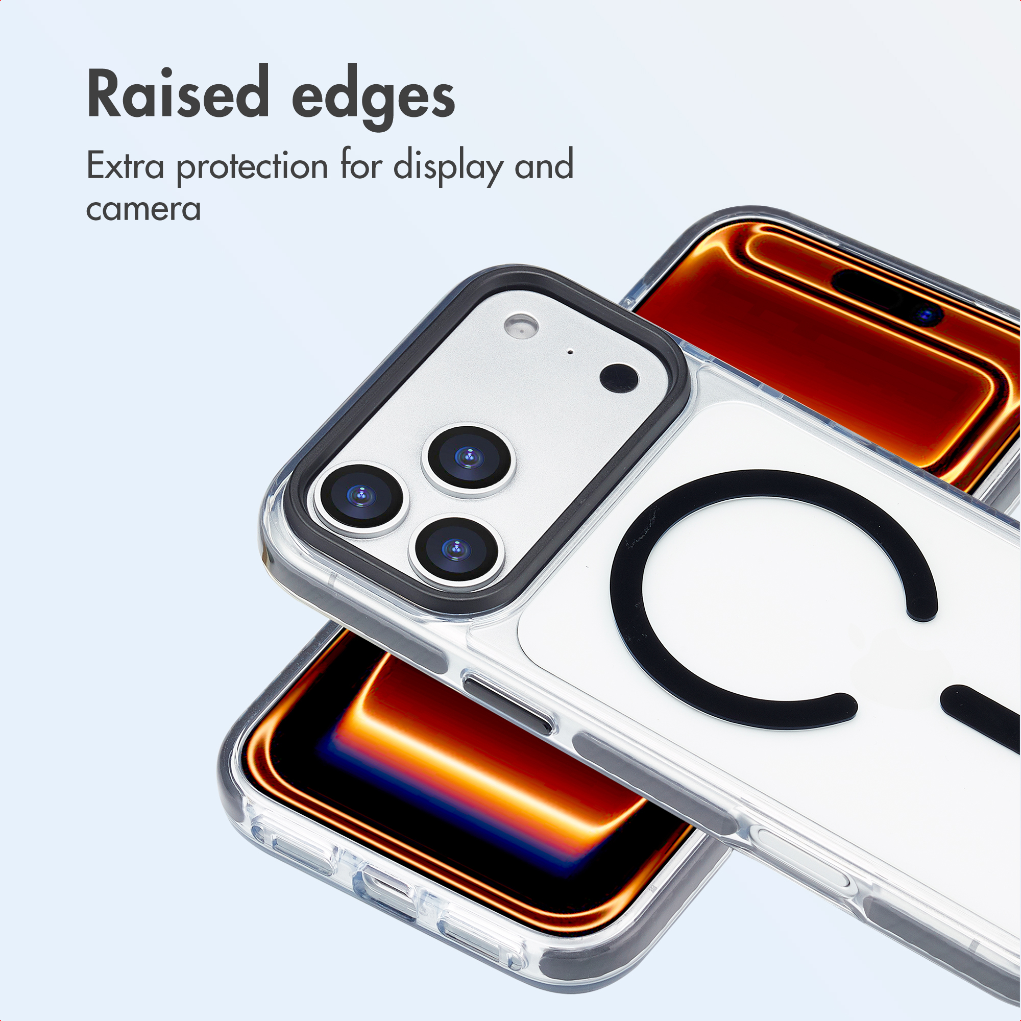 Two smartphones featuring a clear protective case with raised edges against a light background.