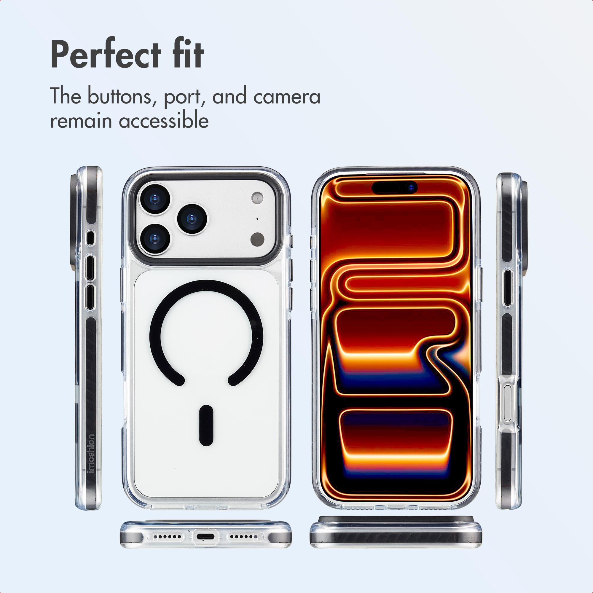 A clear phone case shown from multiple angles, highlighting accessibility to buttons, ports, and cameras.