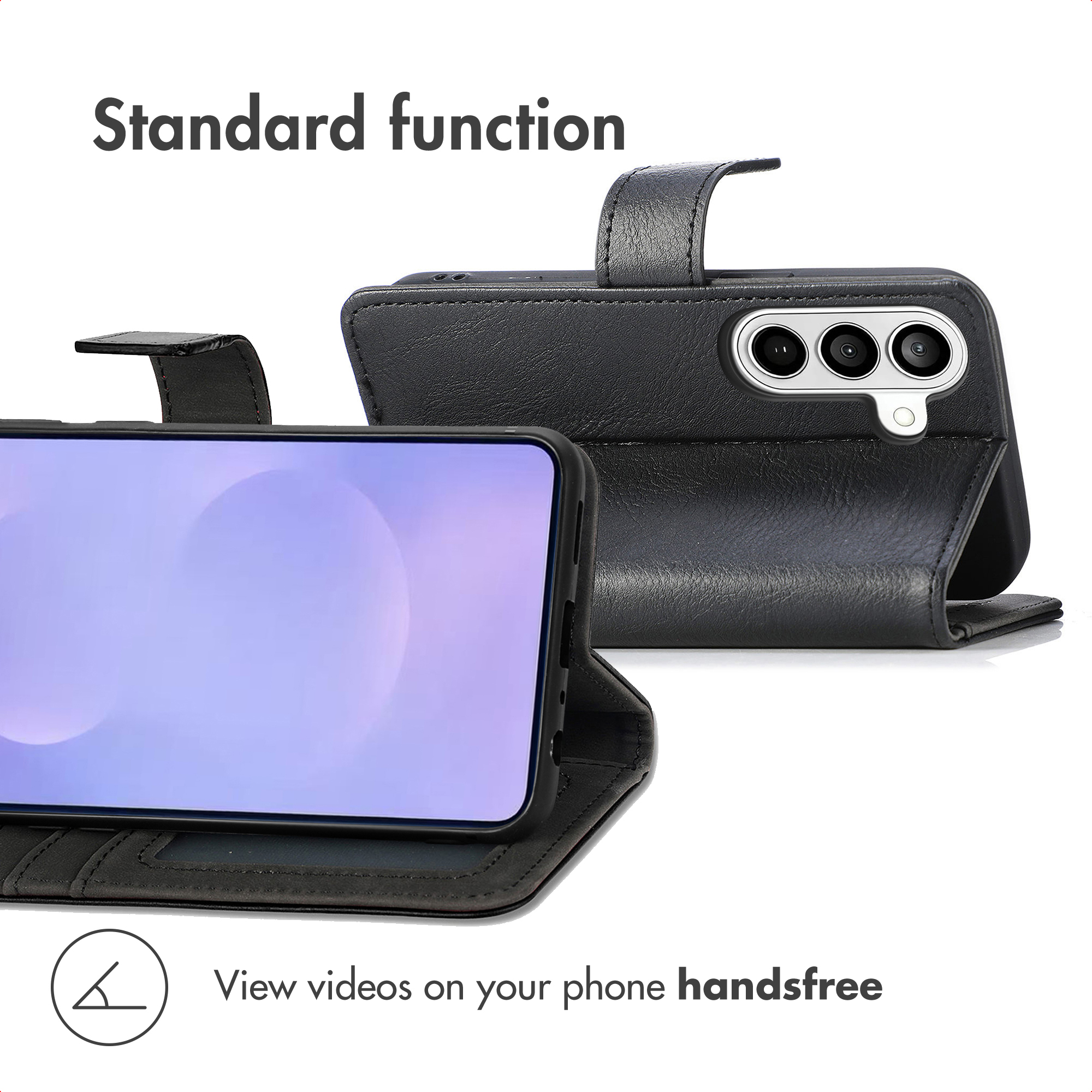 Ein schwarzes Leder-Handycase, das den Bildschirm und die Rückkamera zeigt und als Ständer für Videos dient.