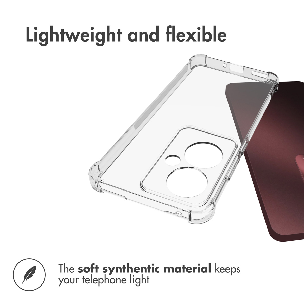 Una cover trasparente accanto a un telefono scuro, con testo sul suo materiale leggero.