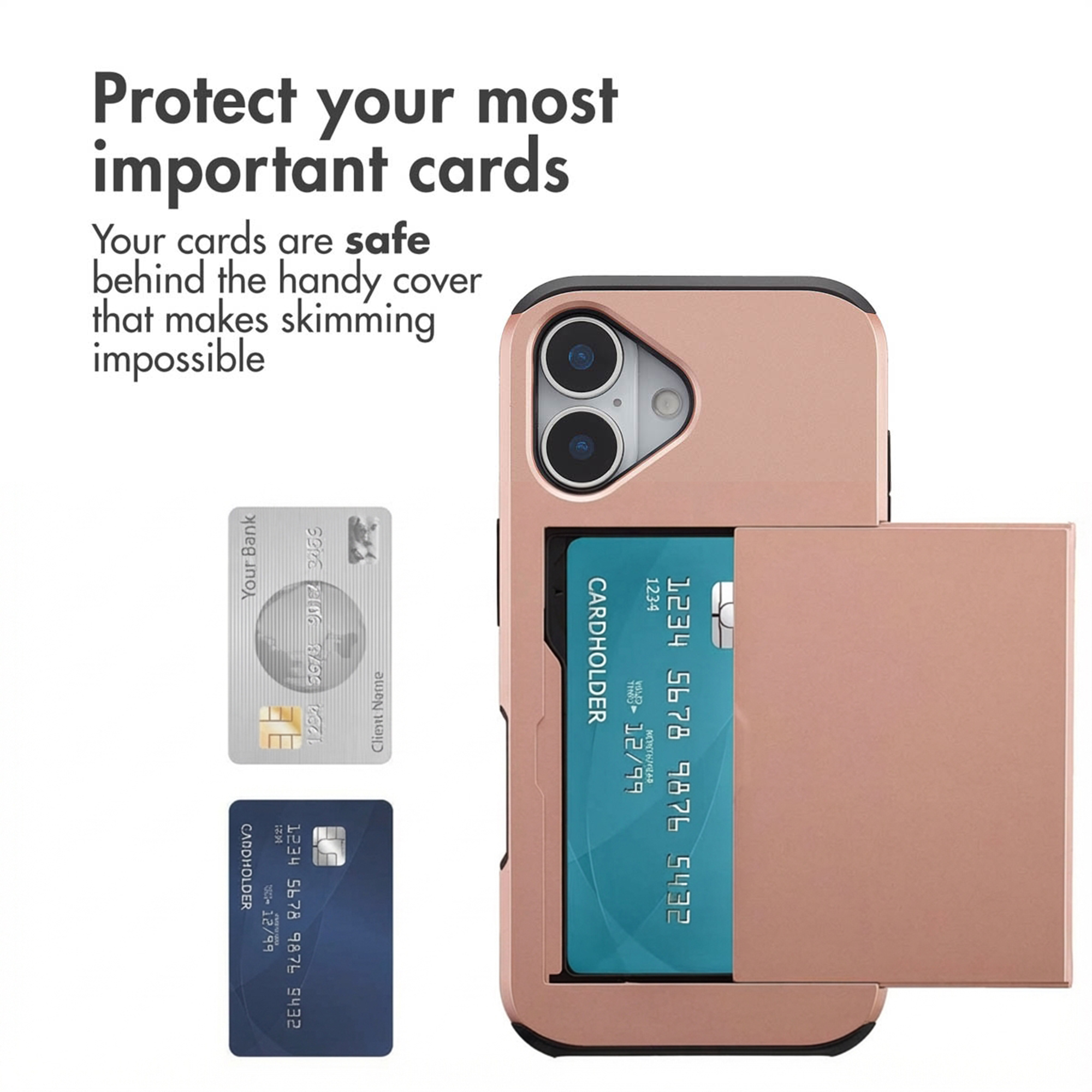 Una cover per iPhone in oro rosa con porta carte integrato e due carte di credito extra accanto.