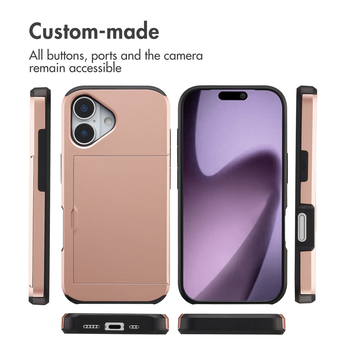 Cover per telefono in oro rosa da più angolazioni, con vano carte, pulsanti e fotocamera.