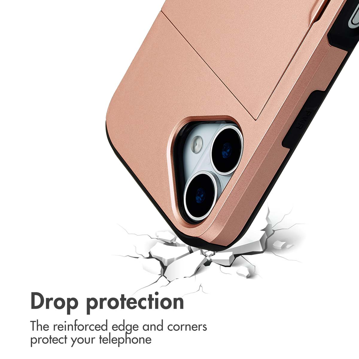 Una custodia per telefono in oro rosa con testo di protezione contro le cadute su una superficie bianca incrinata.