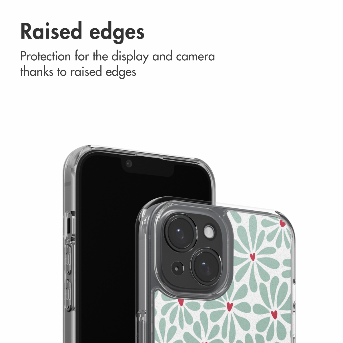 Telefoonhoesje met groen bloemenpatroon en opstaande randen voor scherm- en camerabescherming.