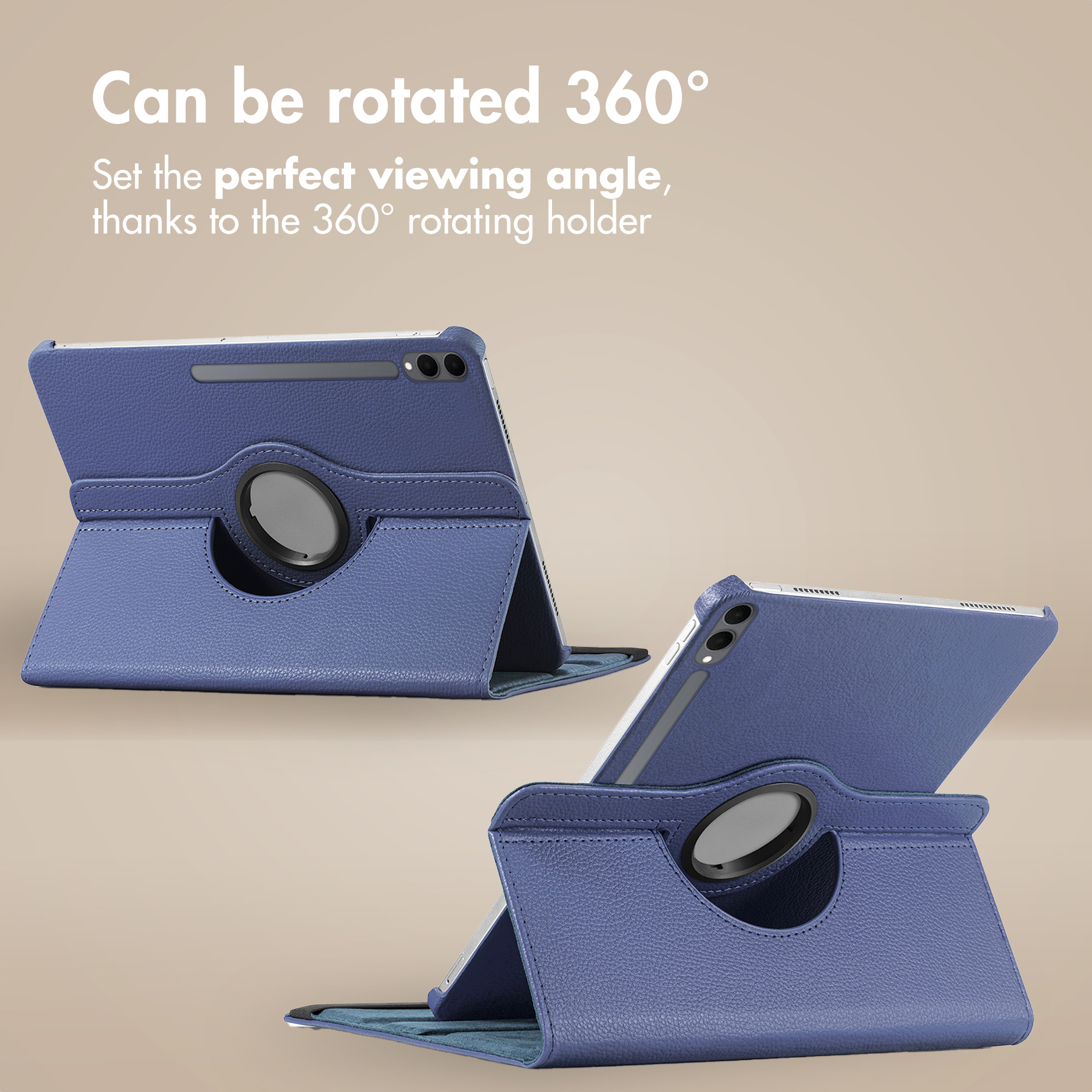 Deux étuis de tablette bleus avec supports rotatifs sur fond beige, avec du texte.