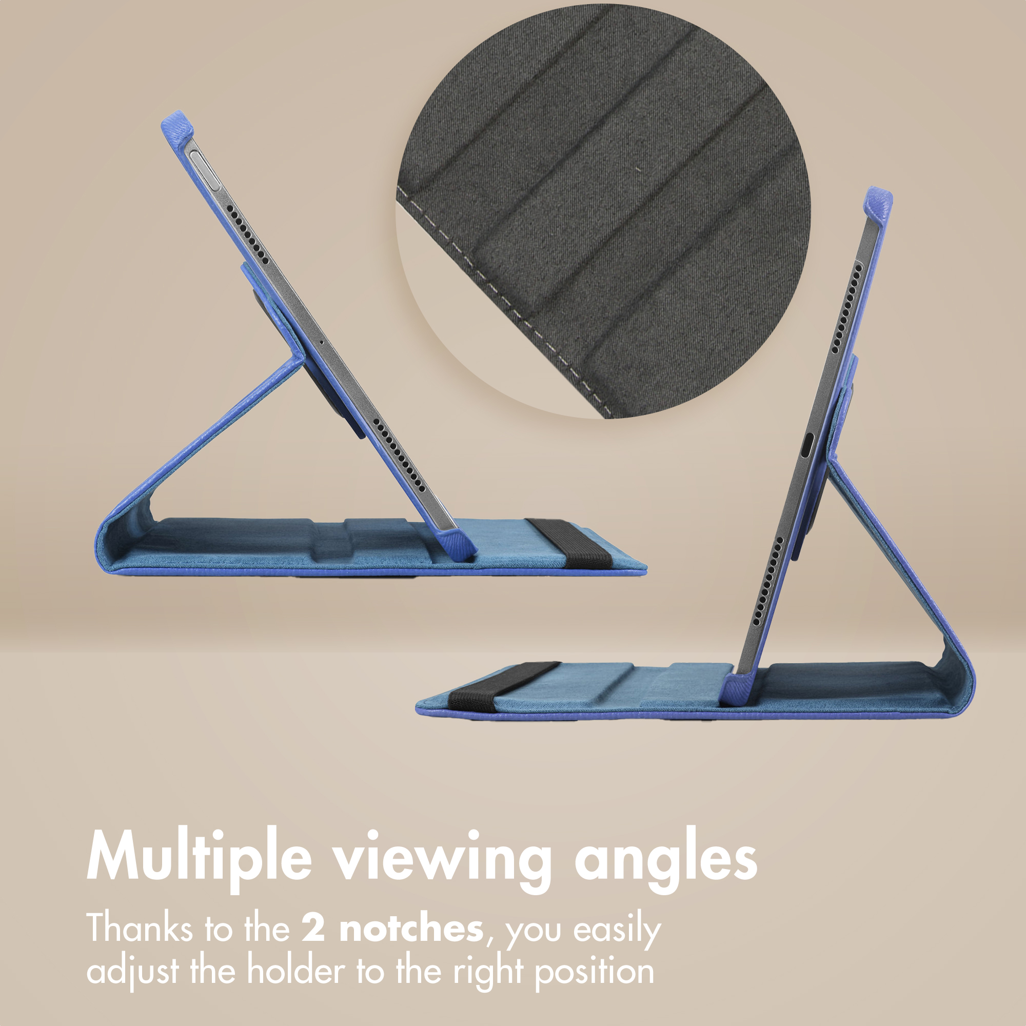 Étui de tablette bleu avec angles de vision réglables, montré de deux côtés.