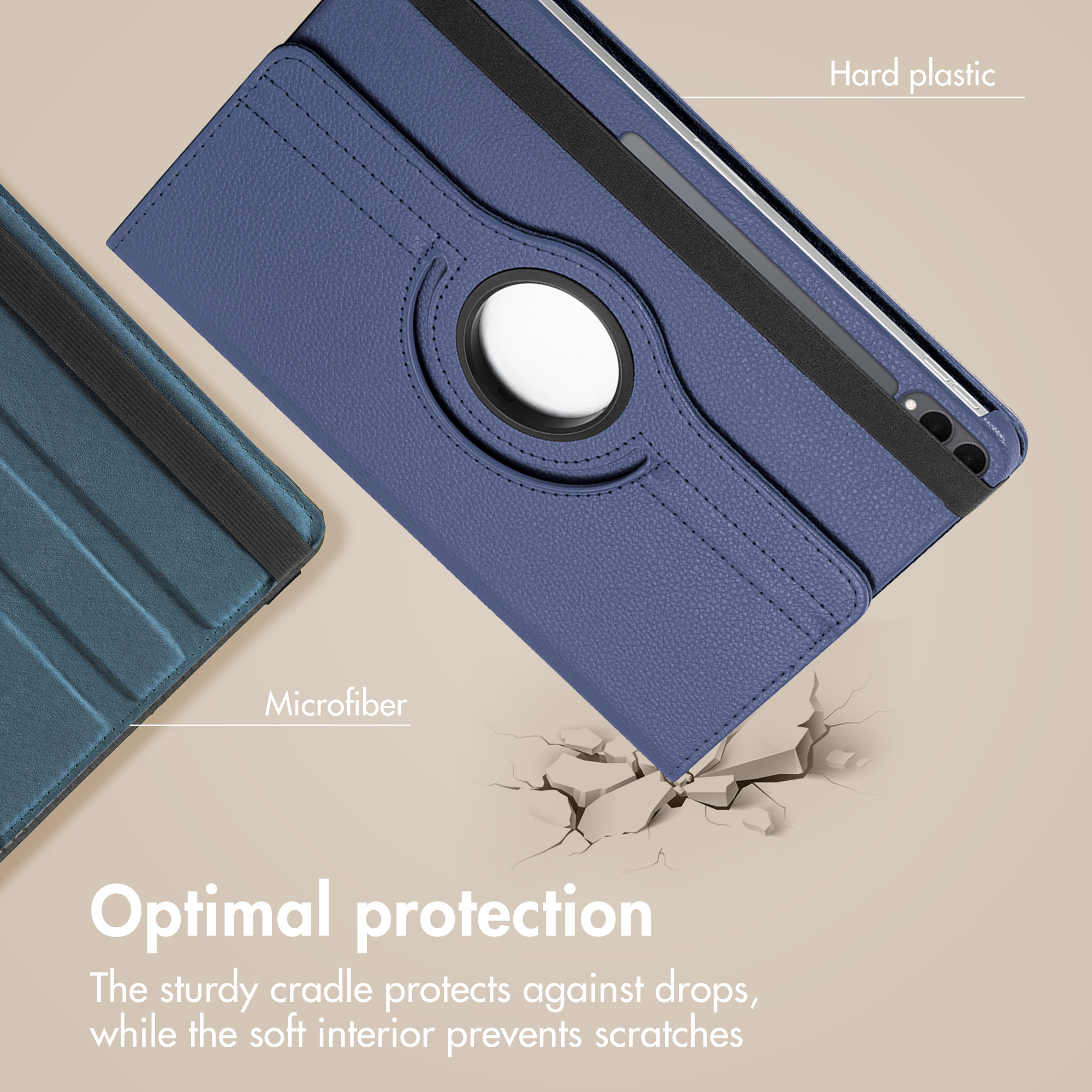Étui pour tablette bleu avec coque rigide et intérieur doux sur fond beige.