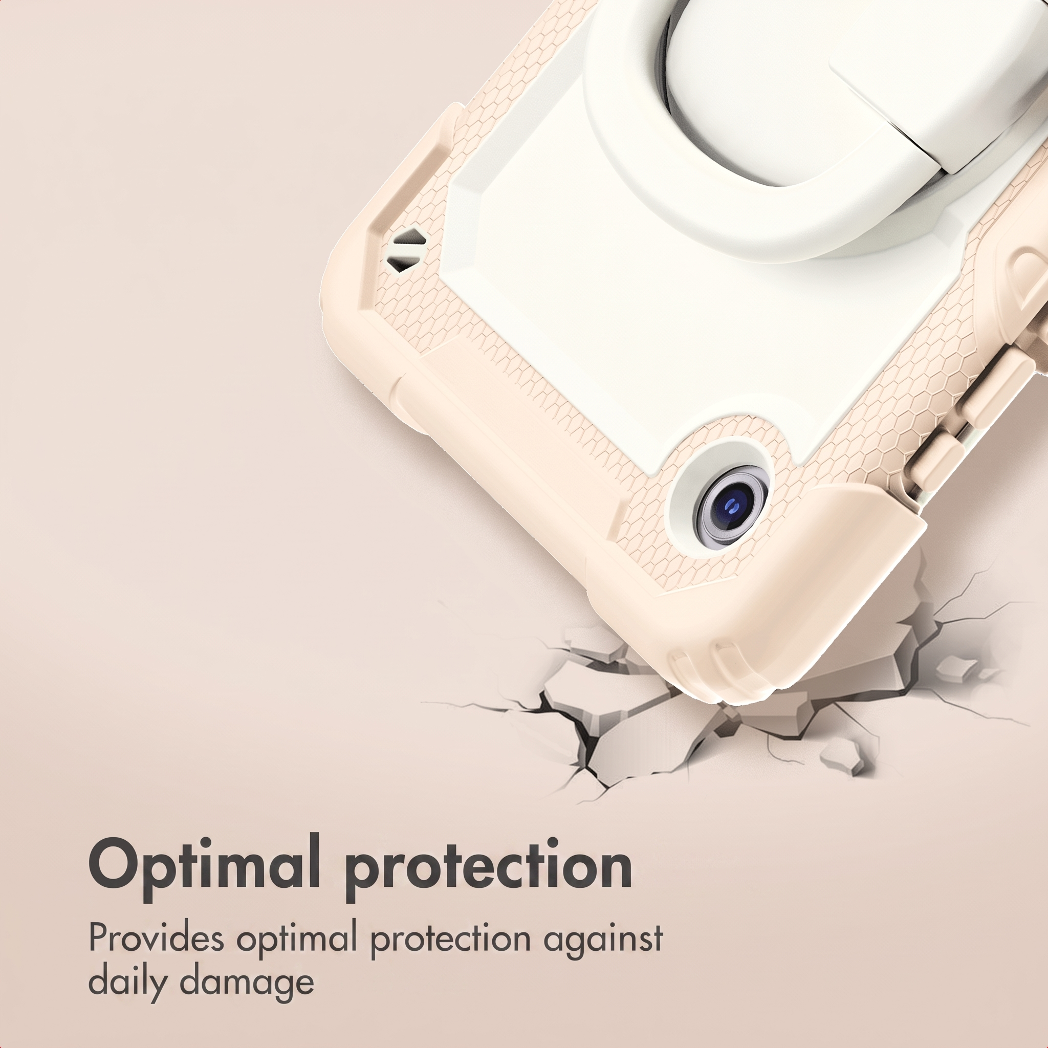 A beige protective phone case with a ring holder stands on a cracked surface above the text Optimal protection.