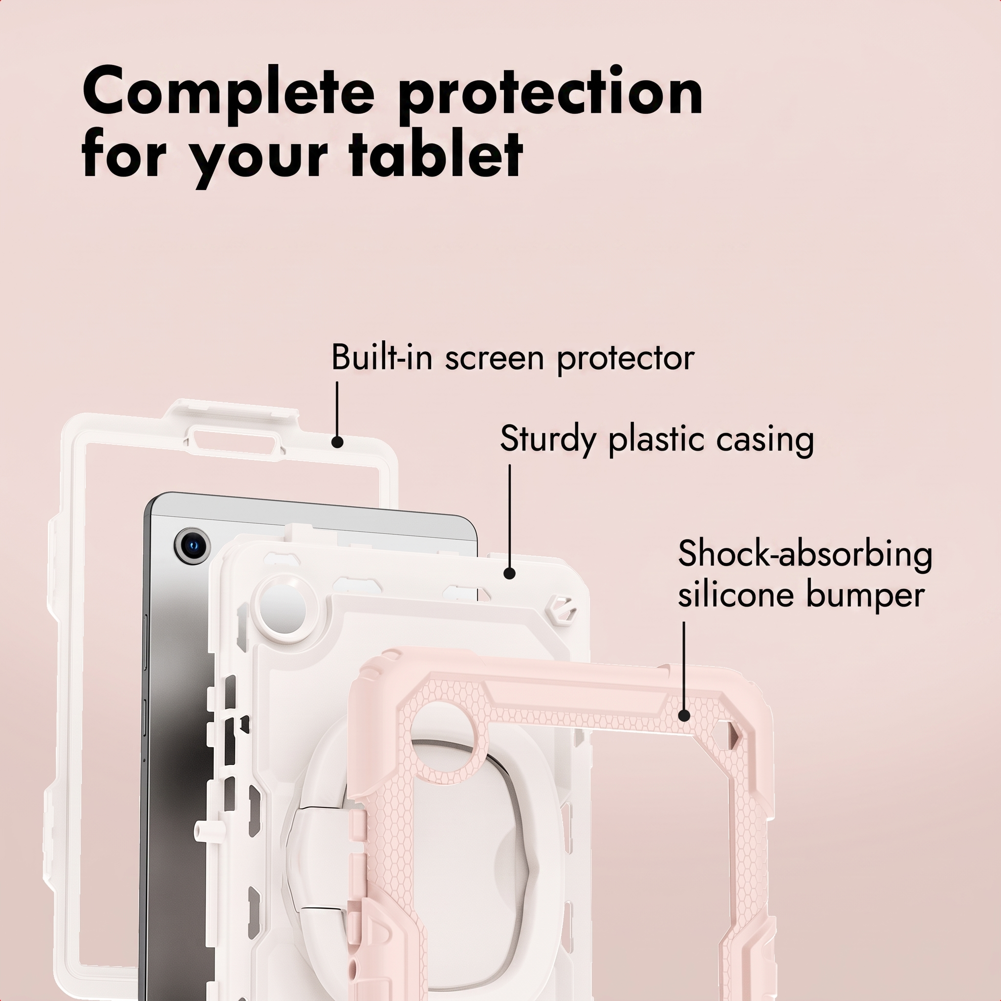 Tablet case with built-in screen protector, sturdy casing, and shock-absorbing bumper.