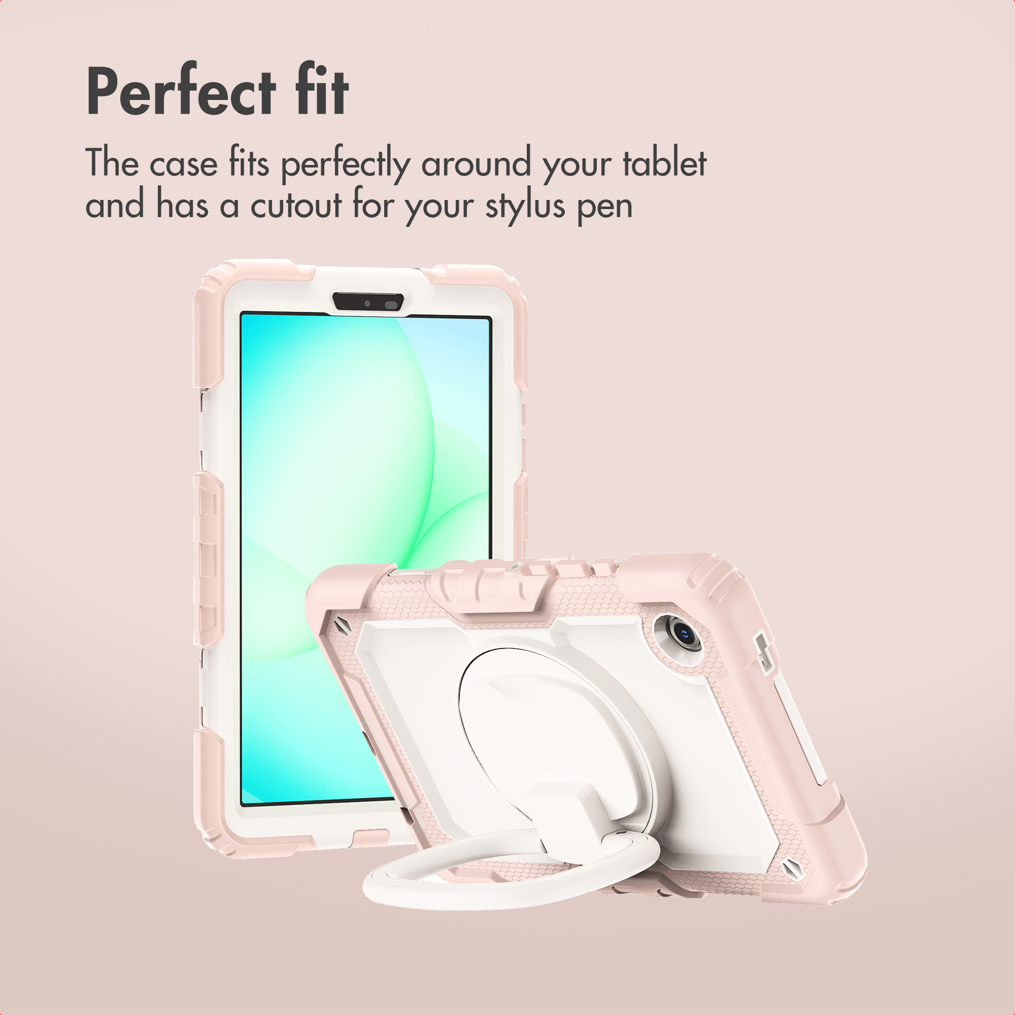 A pink protective tablet case shown from the front and back against a plain beige background.