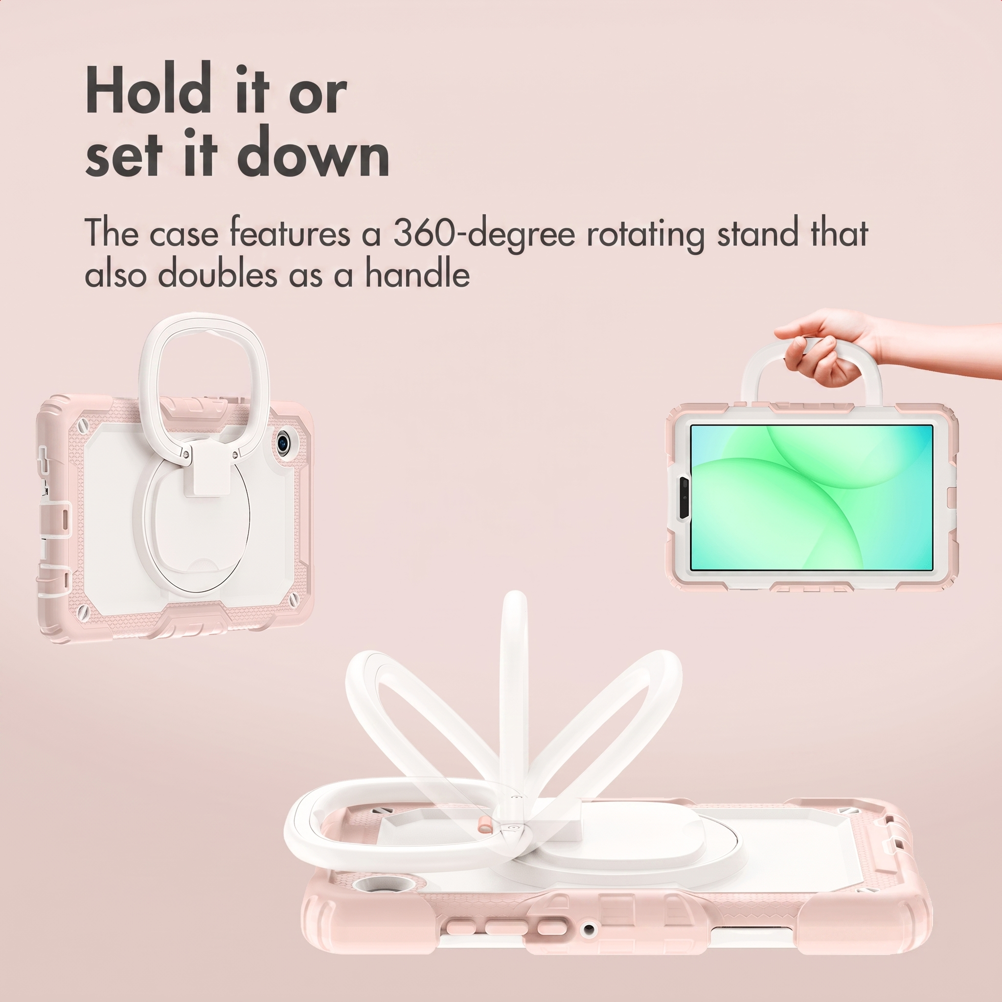 Pink tablet case with a 360-degree rotating stand that doubles as a handle, set against a solid background.