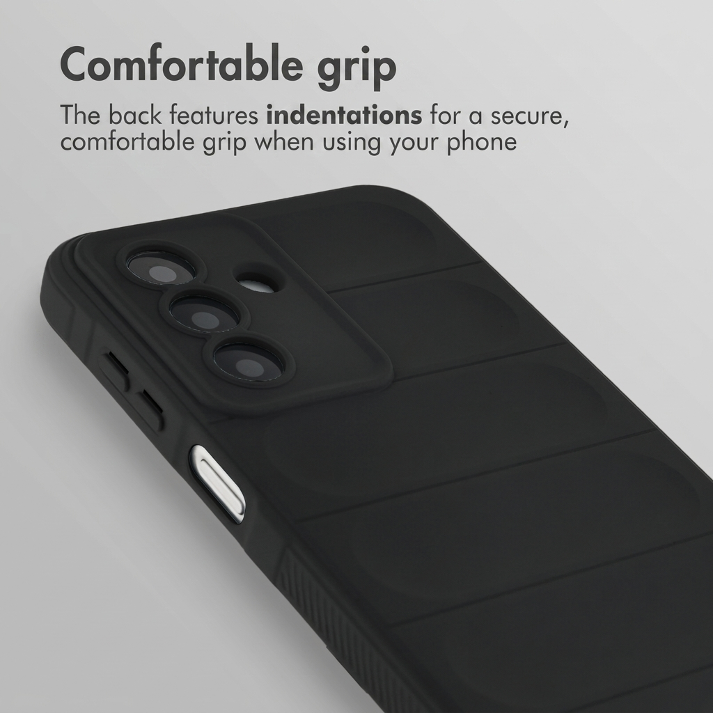 Una funda de smartphone negra con hendiduras para un agarre cómodo y seguro.