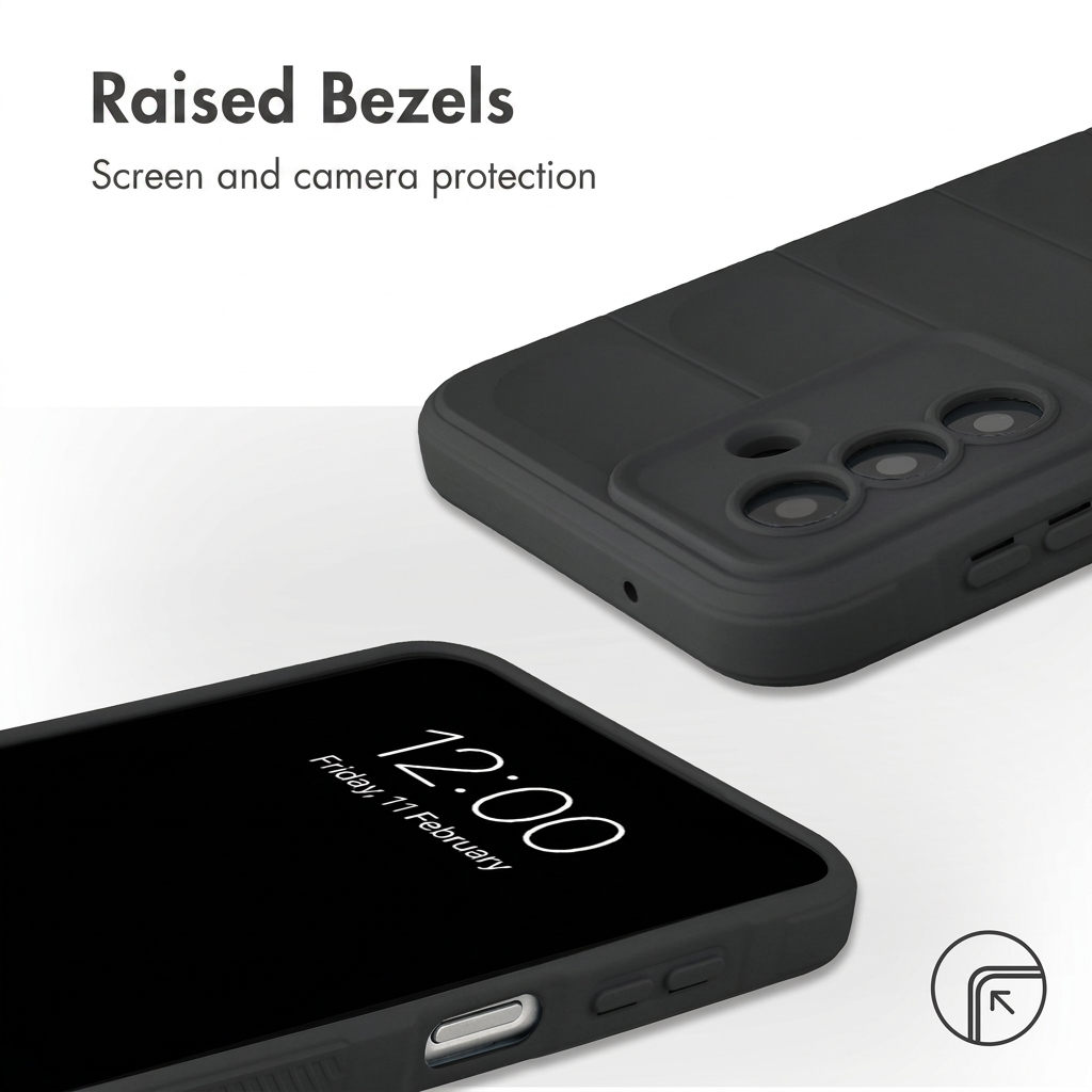 Un smartphone negro con funda muestra la pantalla con la hora y el texto Raised Bezels.