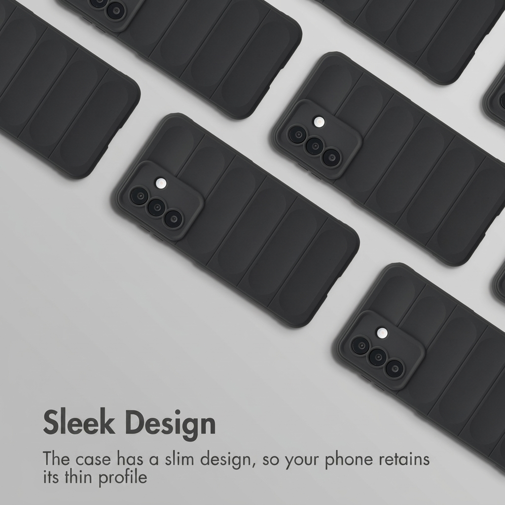 Varias fundas de móvil negras con diseño acolchado dispuestas sobre fondo claro.