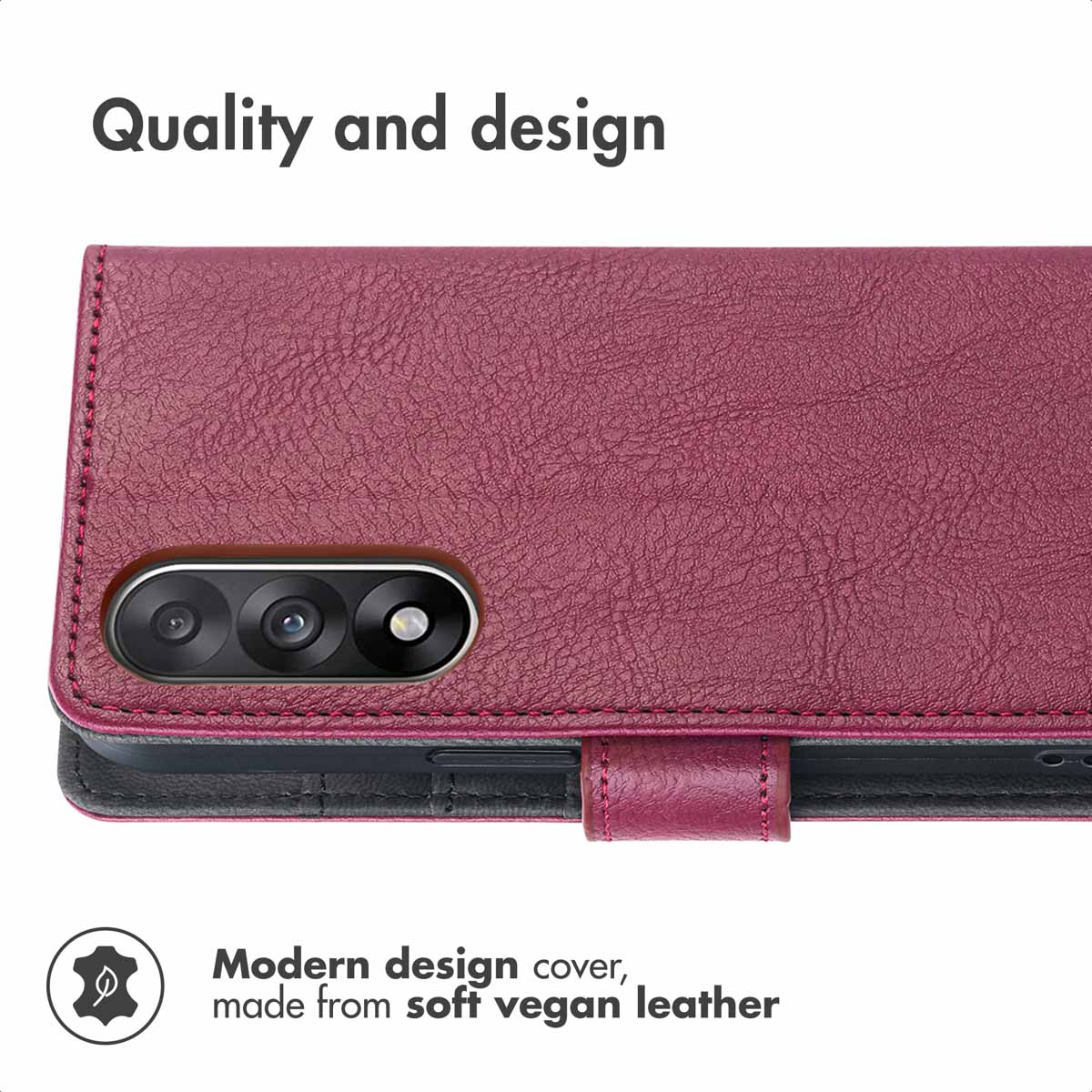 A maroon vegan leather phone case with three camera lenses and stitched borders.