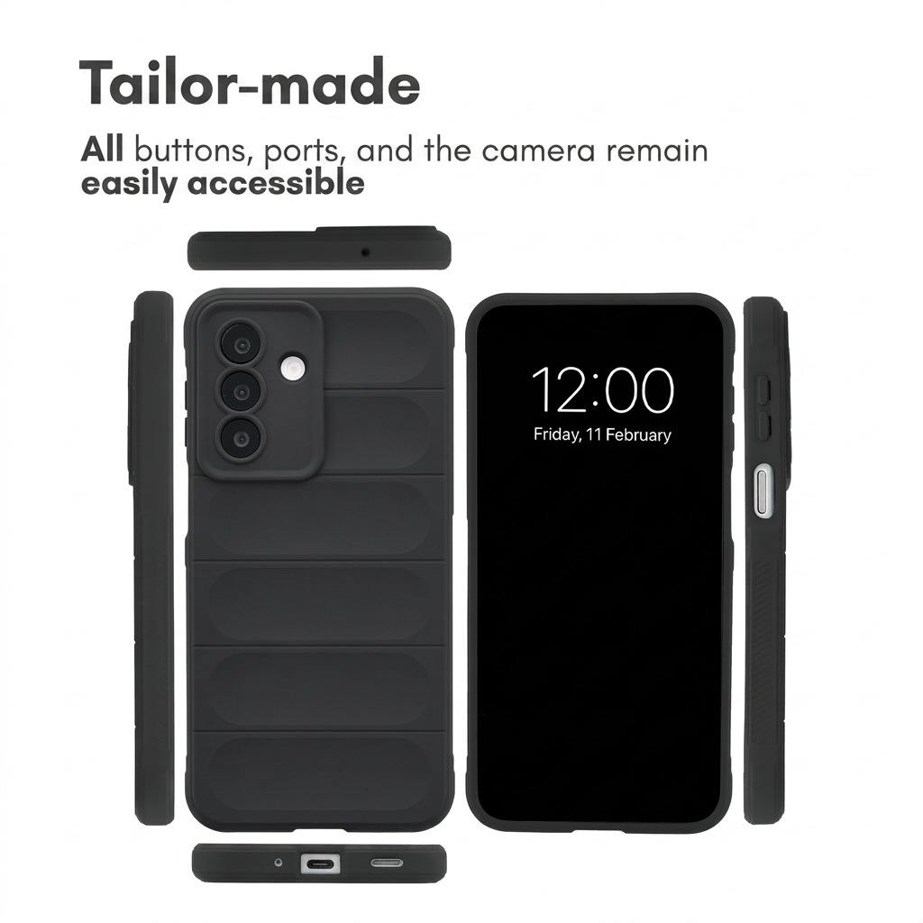 Funda protectora negra para teléfono mostrada desde múltiples ángulos con botones y puertos accesibles.