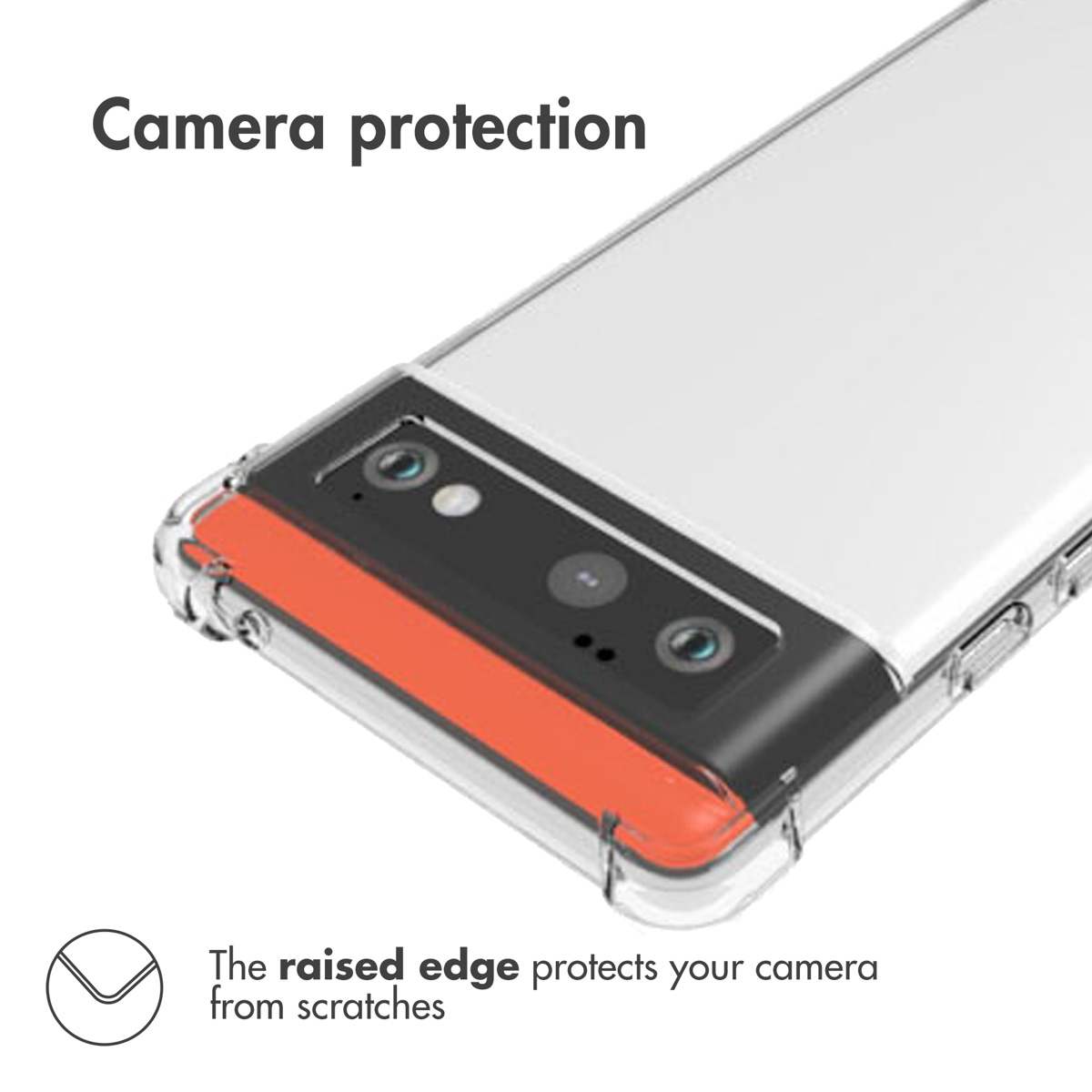 Uno smartphone in una cover trasparente con bordo rialzato per proteggere la fotocamera.