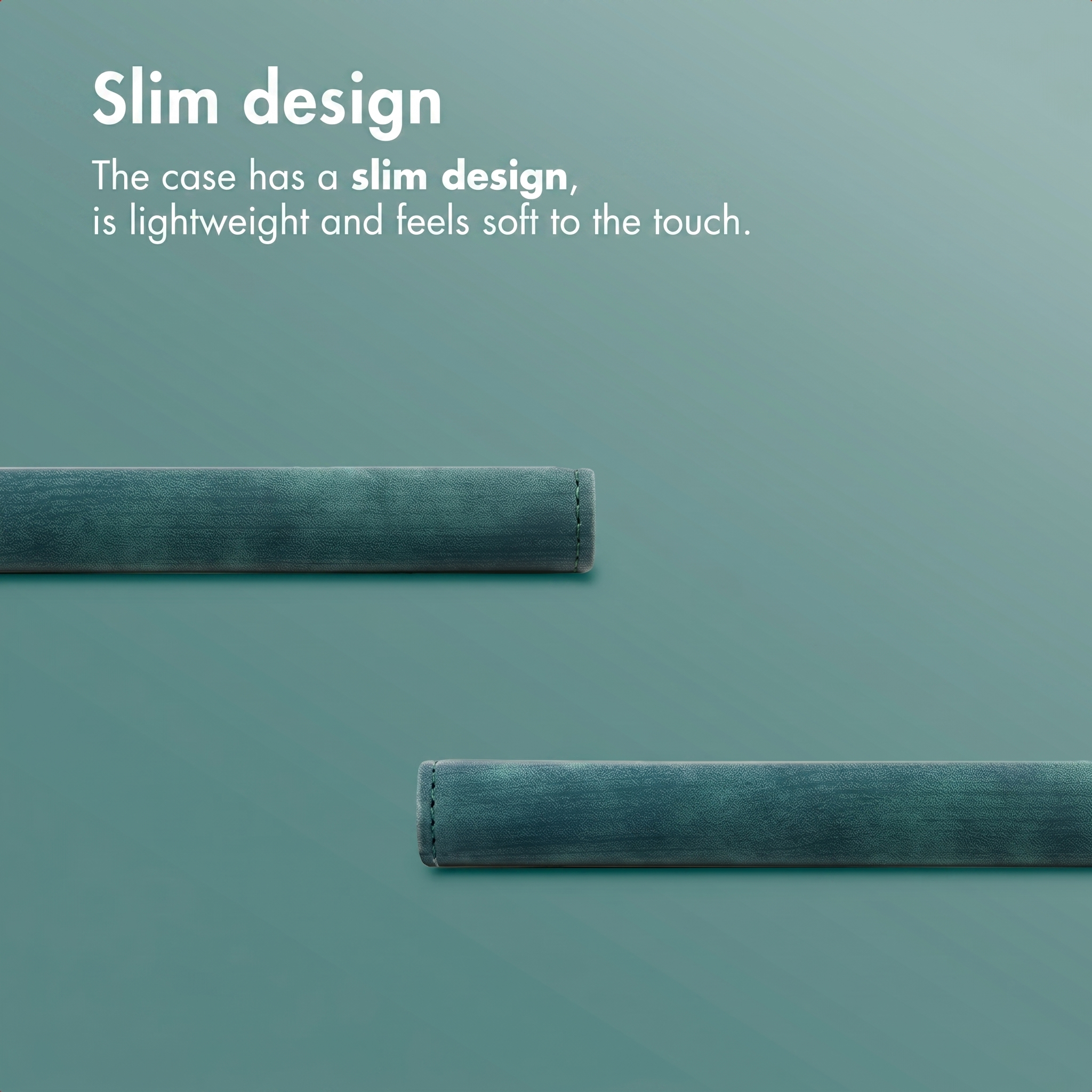 Custodia verde tessere con design sottile su sfondo uniforme e testo Slim design.