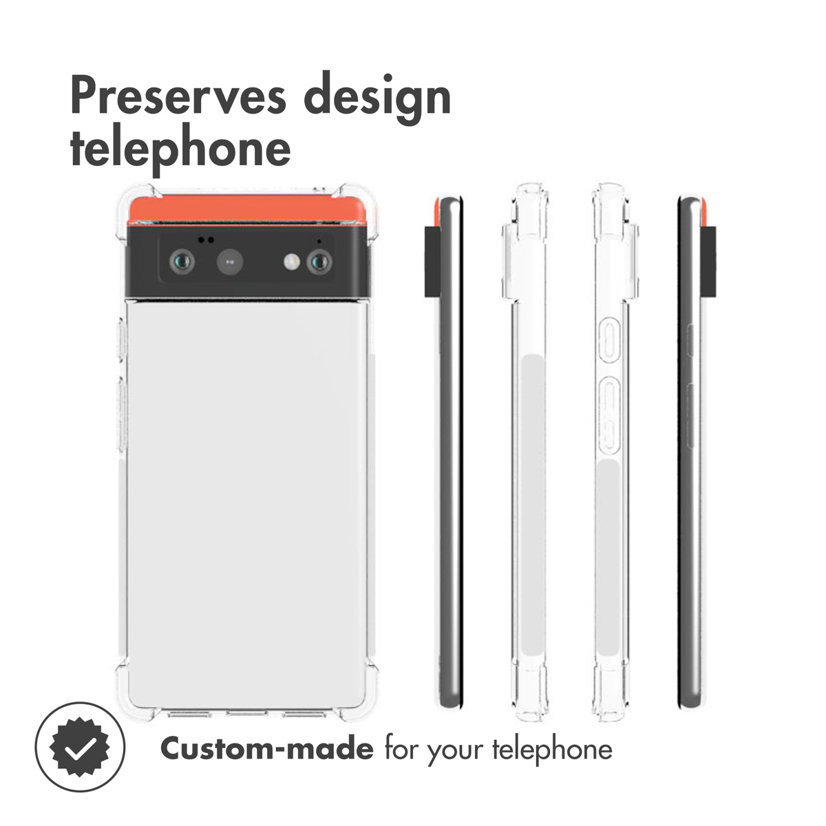 Custodia trasparente da più angolazioni con testo sul design personalizzato.
