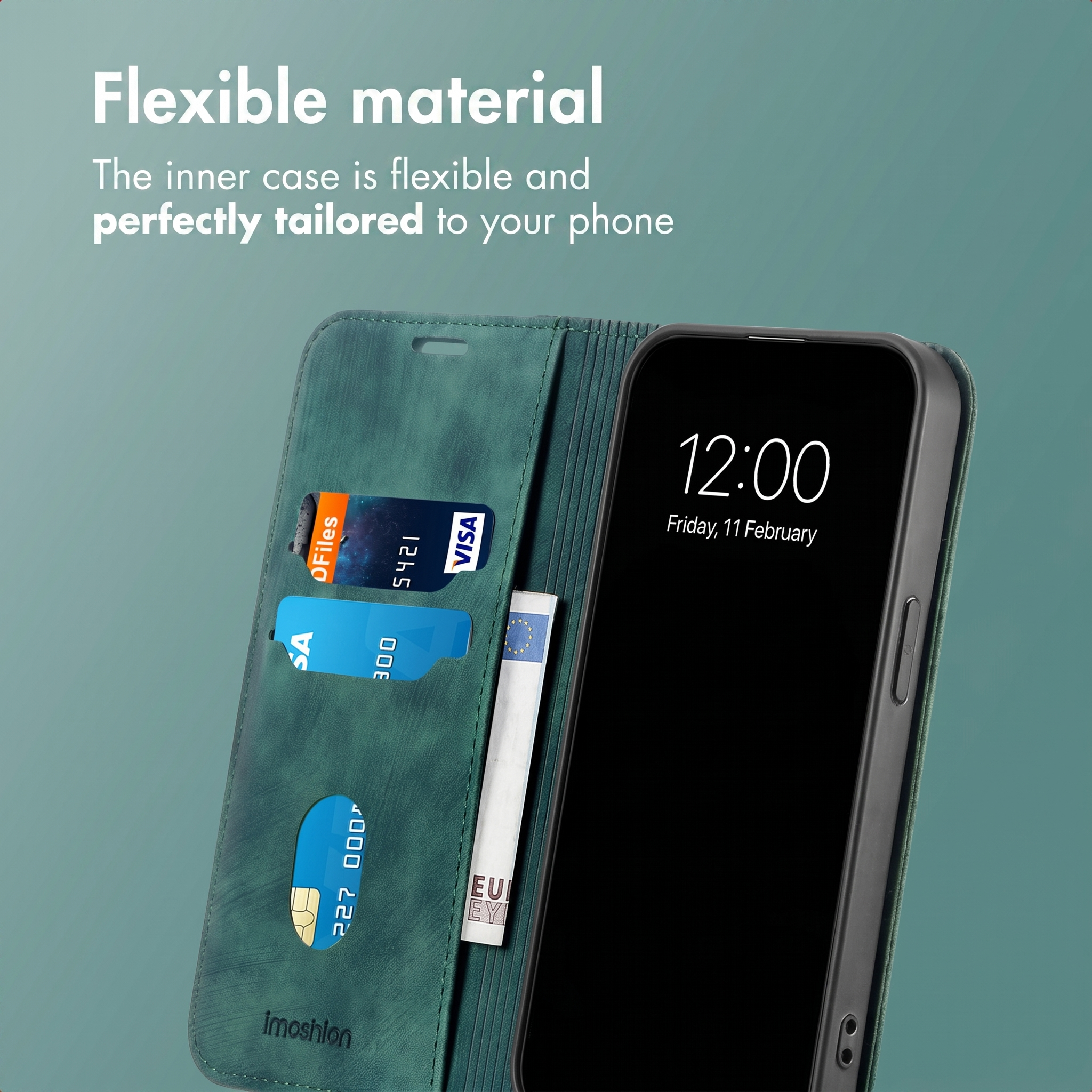 Custodia per telefono in pelle verde con tasche per carte e uno smartphone all'interno.