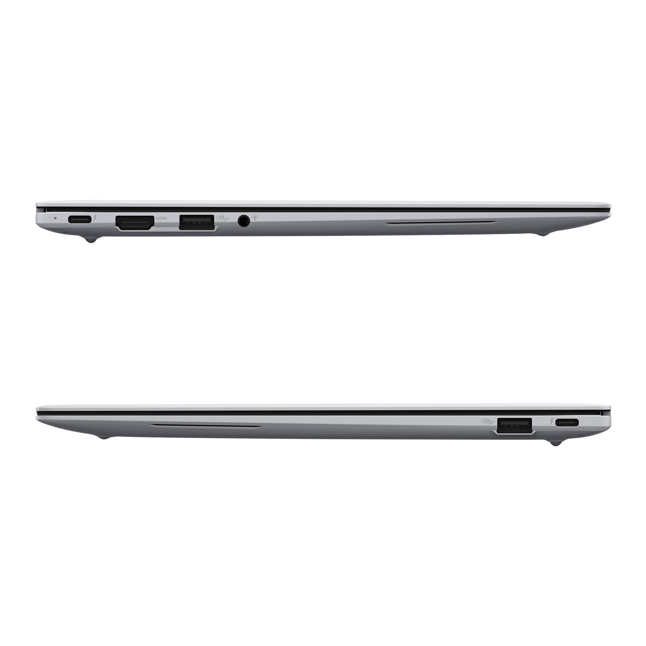 Seitenansichten eines silbernen Laptops mit Anschlüssen wie USB-C, HDMI und Audio-Buchse.