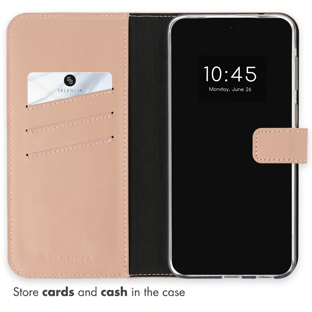 Un étui de téléphone portefeuille rose avec des fentes pour cartes à gauche et un smartphone à droite.