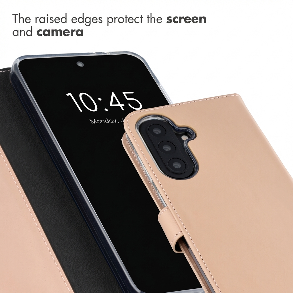 Un smartphone dans un étui portefeuille en cuir marron clair avec protection.