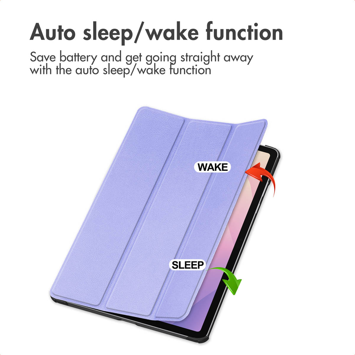 Étui de tablette violet avec fonction de veille/réveil et textes.