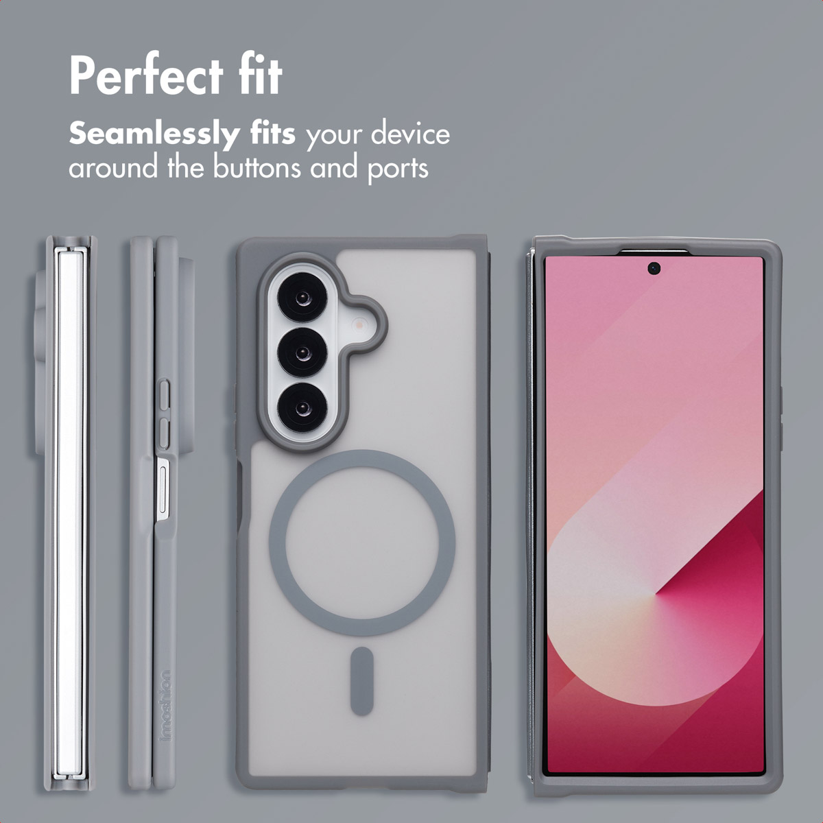 Custodia grigia da più angolazioni con testo Perfect fit e vestibilità perfetta intorno a pulsanti e porte.