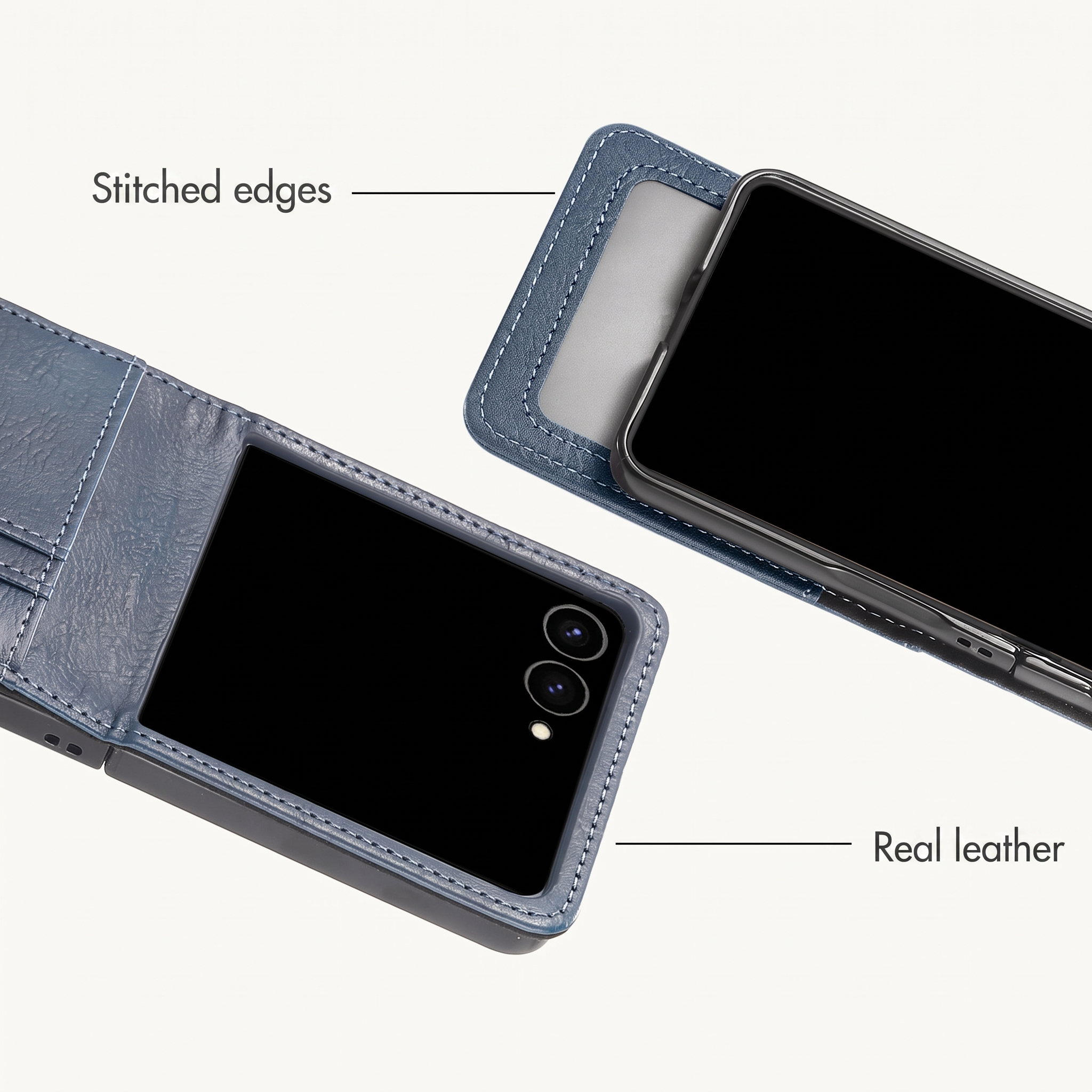 Deux vues d'un étui de téléphone en cuir bleu avec des bords cousus.