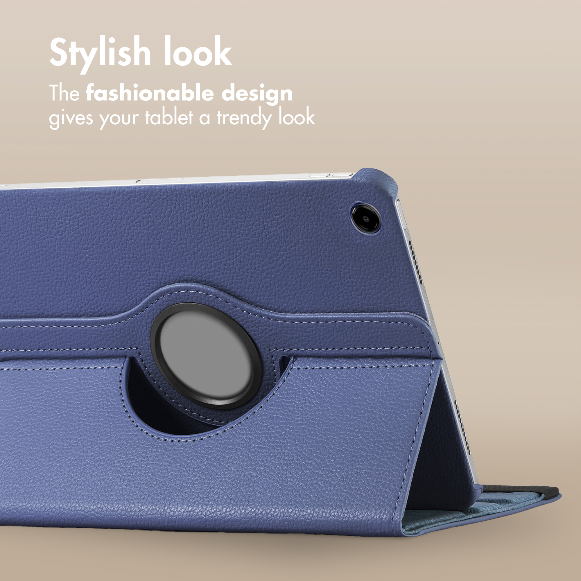 Blue leather-texture tablet case with circular cutout on a beige background.