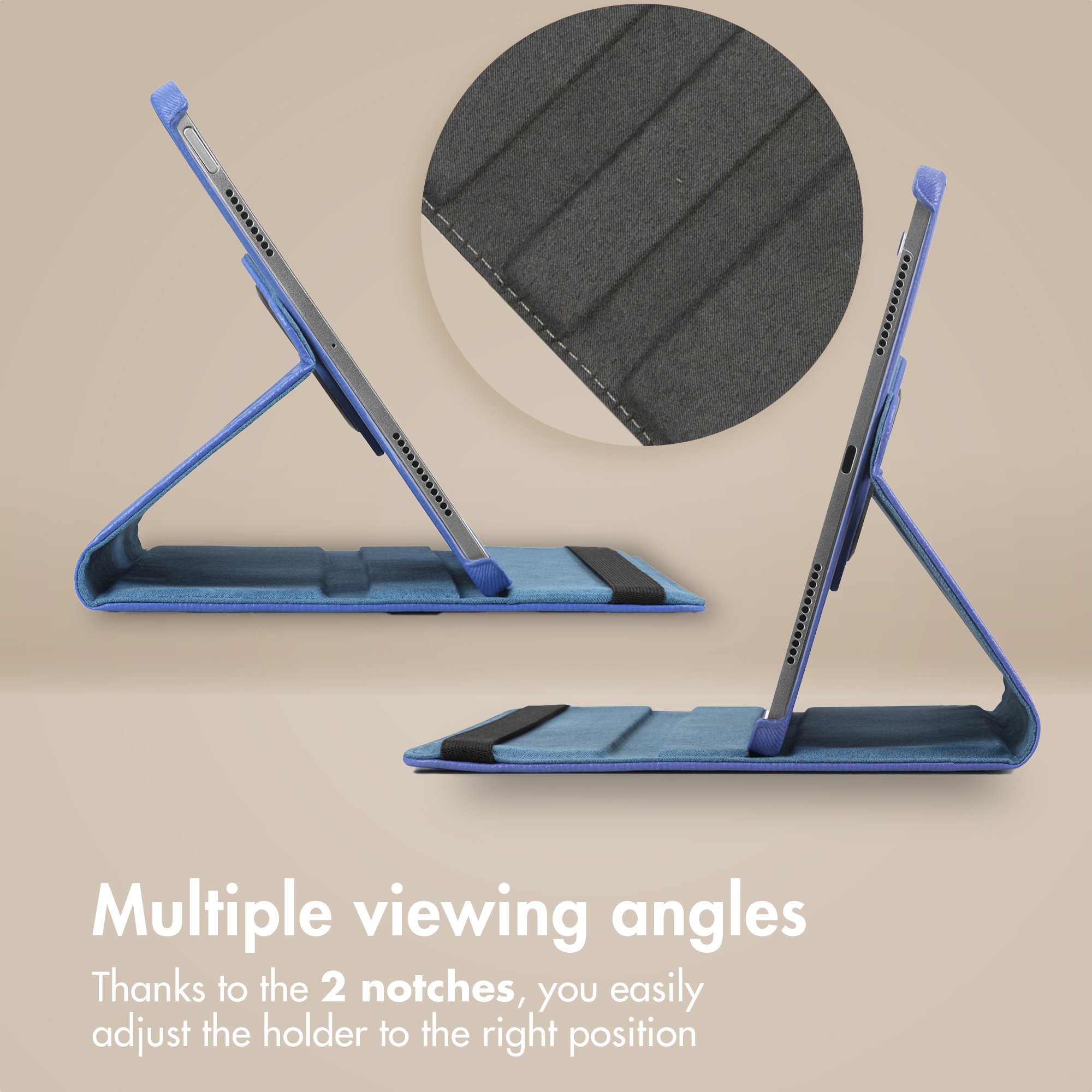 A blue tablet case showing two viewing angles and a magnified view of the interior texture.