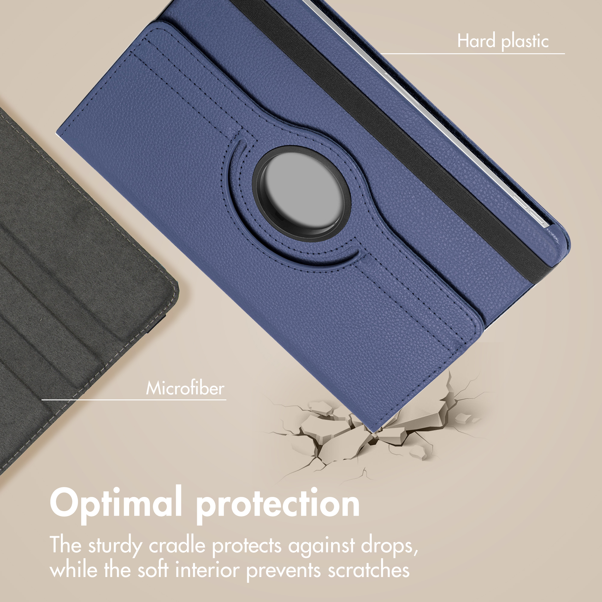Blue tablet case with hard plastic and microfiber interior for optimal drop protection.