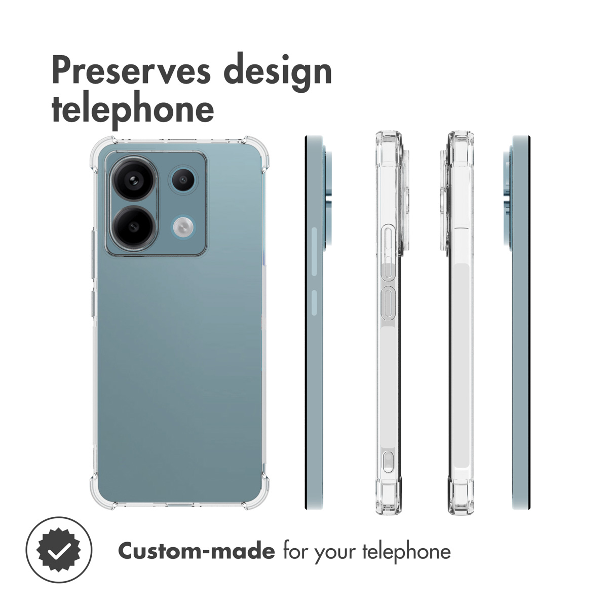 Ein hellblaues Telefon in einer klaren Schutzhülle, gezeigt von der Rück- und Seitenansicht.