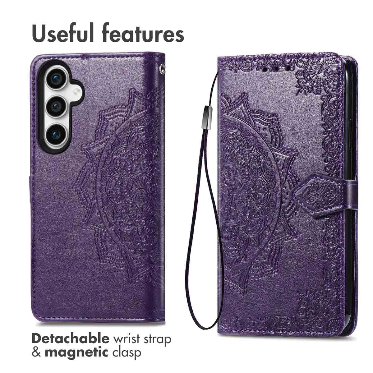 Funda de cuero morada con relieve, diseño de mandala, correa de muñeca y cierre magnético vista de frente y dorso.