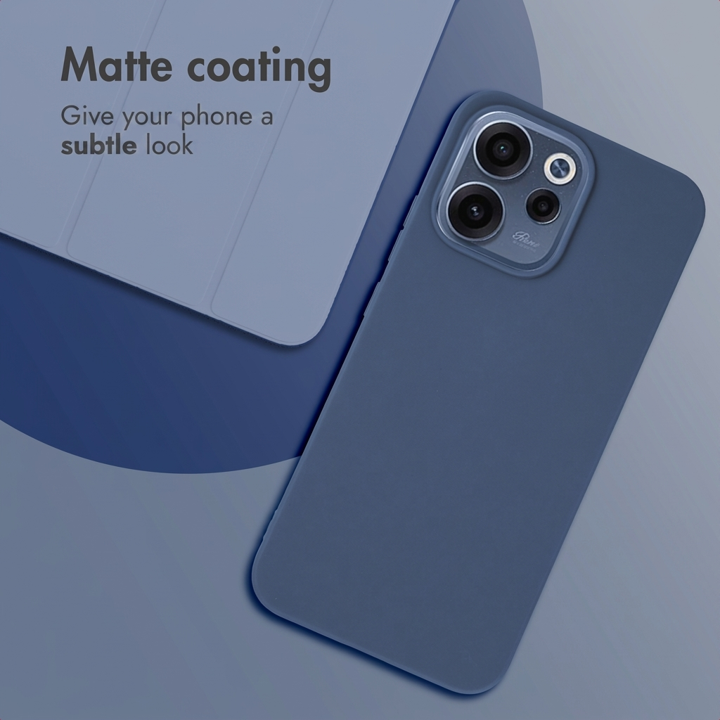 Un smartphone azul con funda protectora mate descansa sobre una superficie azul, con texto al fondo.
