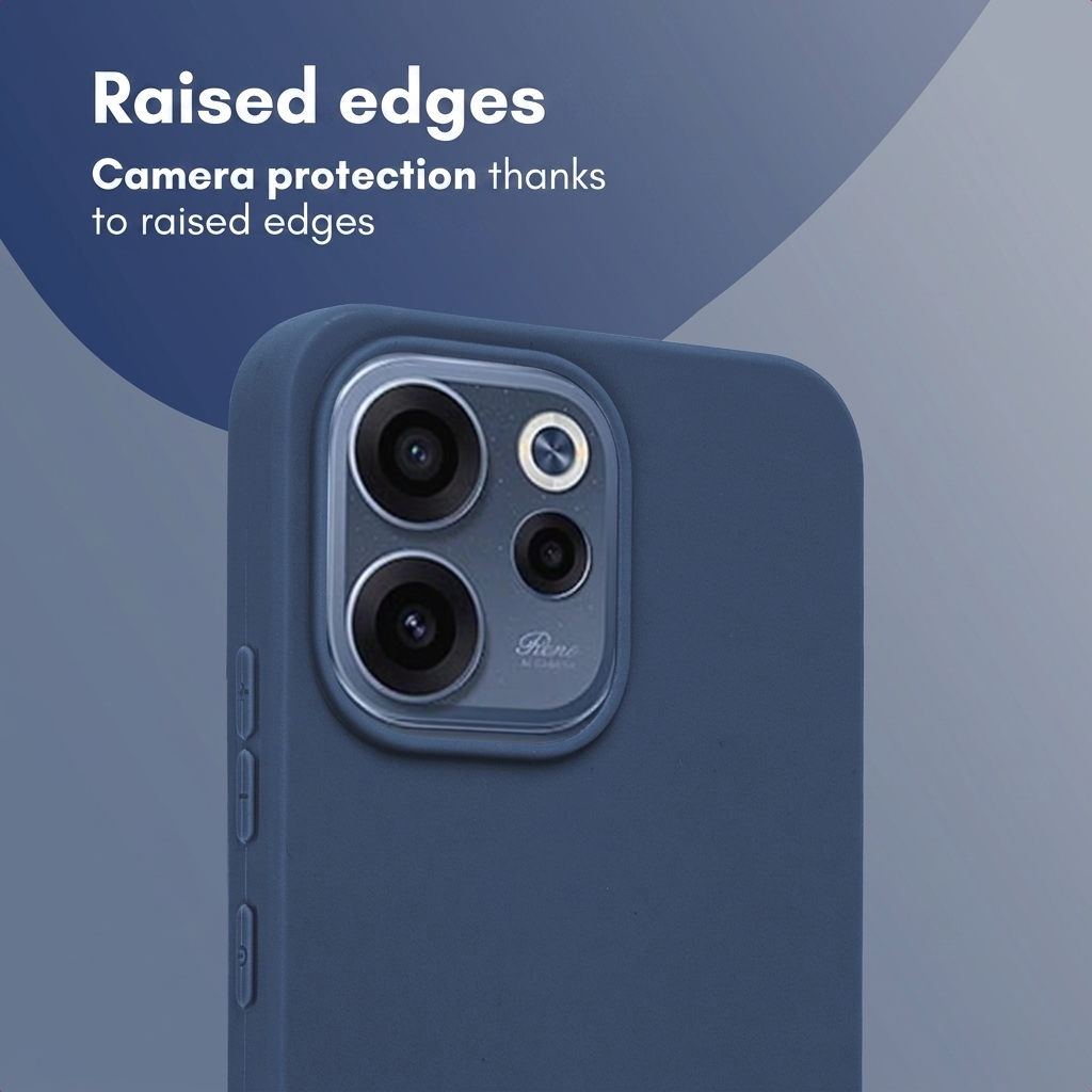 Funda de smartphone azul que destaca los bordes elevados de la cámara.
