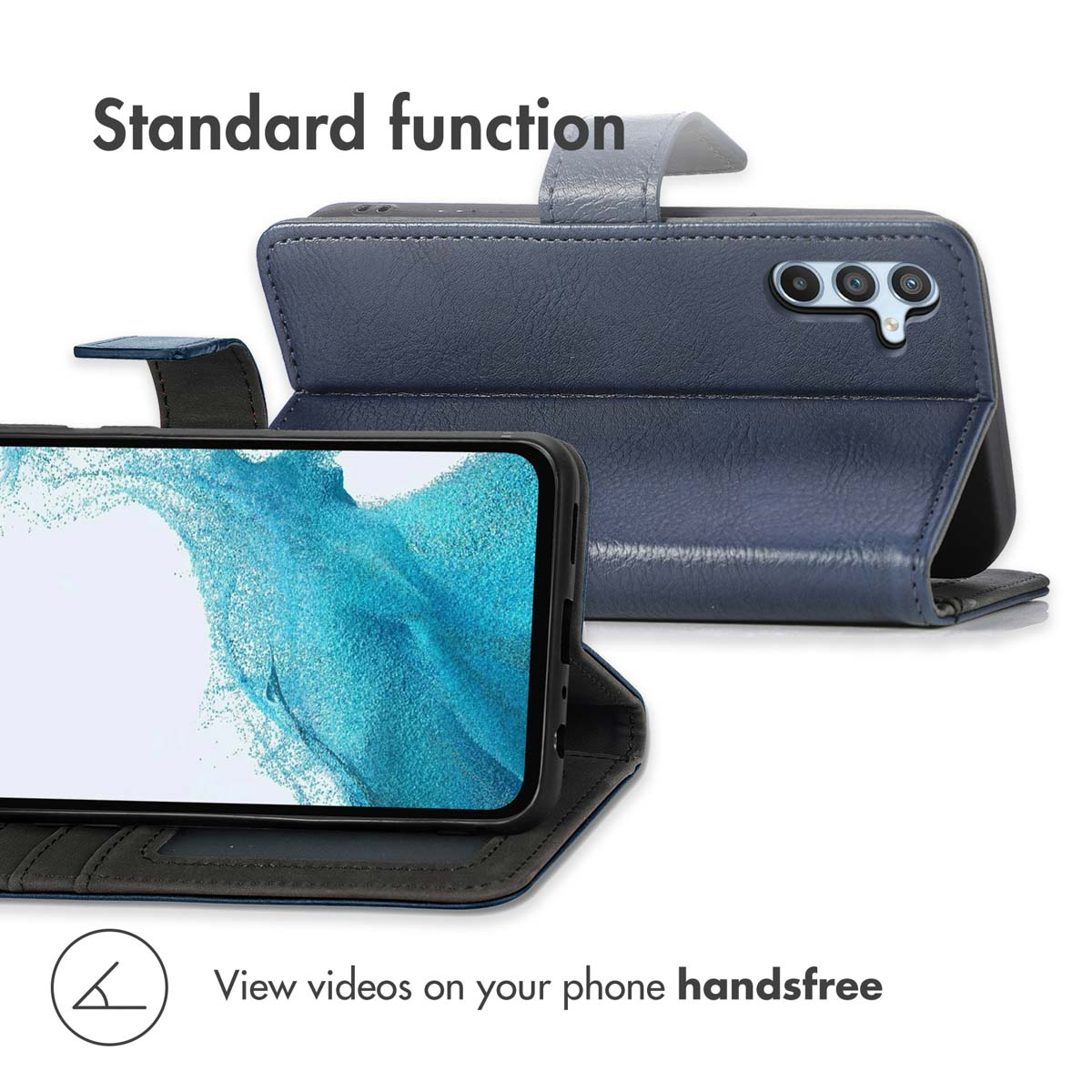 Étui de téléphone en cuir bleu servant de support pour regarder des vidéos.