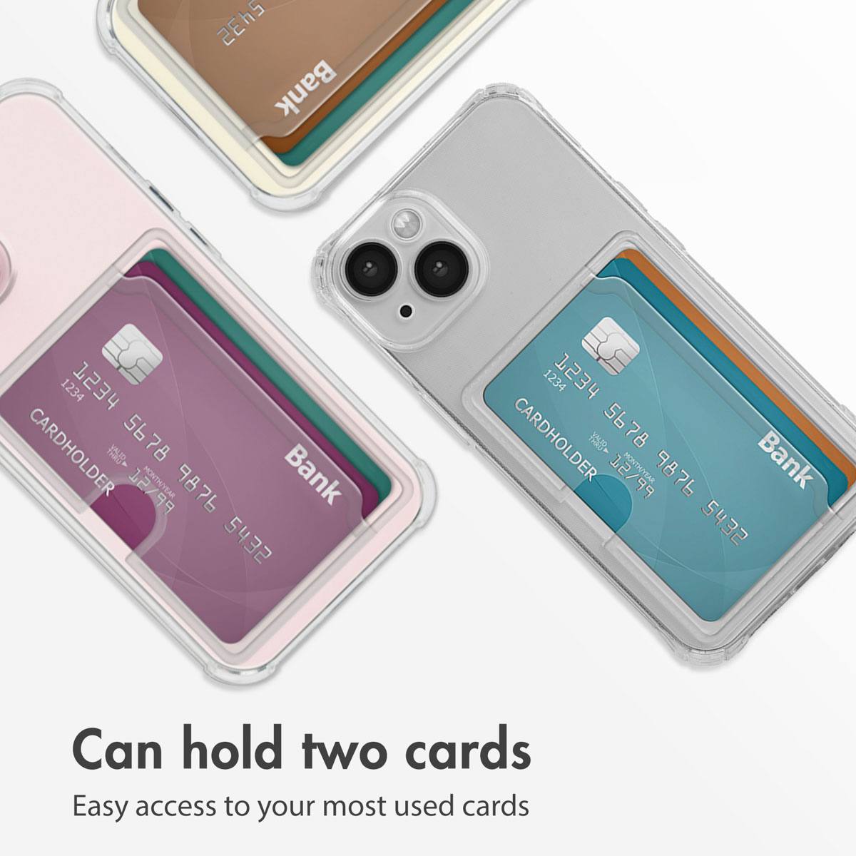 Three smartphones in clear cases, each holding two bank cards in built-in pockets on their backs.