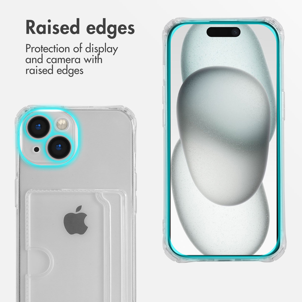 A clear iPhone case highlighting raised edges for screen and camera protection.