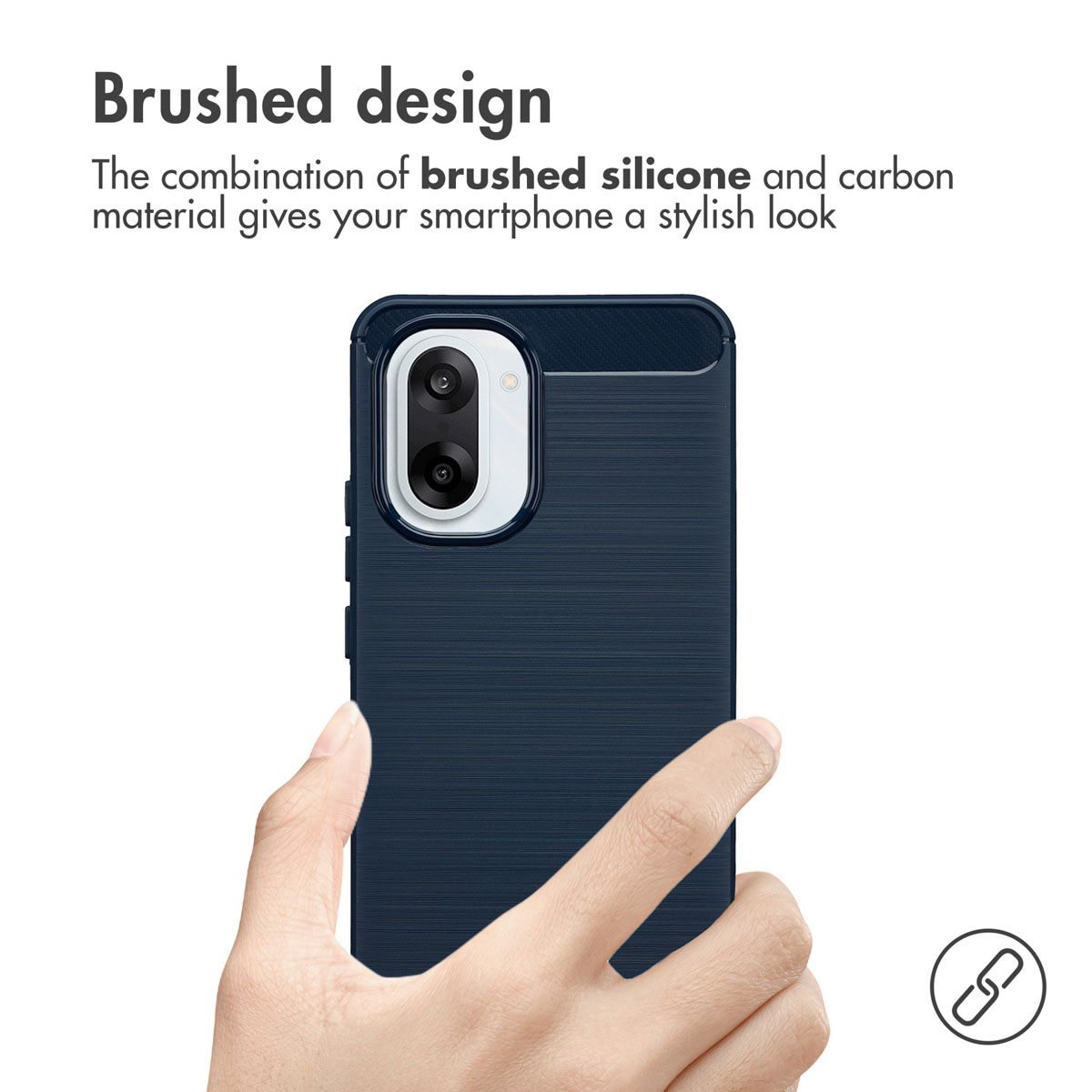 Mano che tiene una custodia per smartphone blu scuro con design spazzolato.