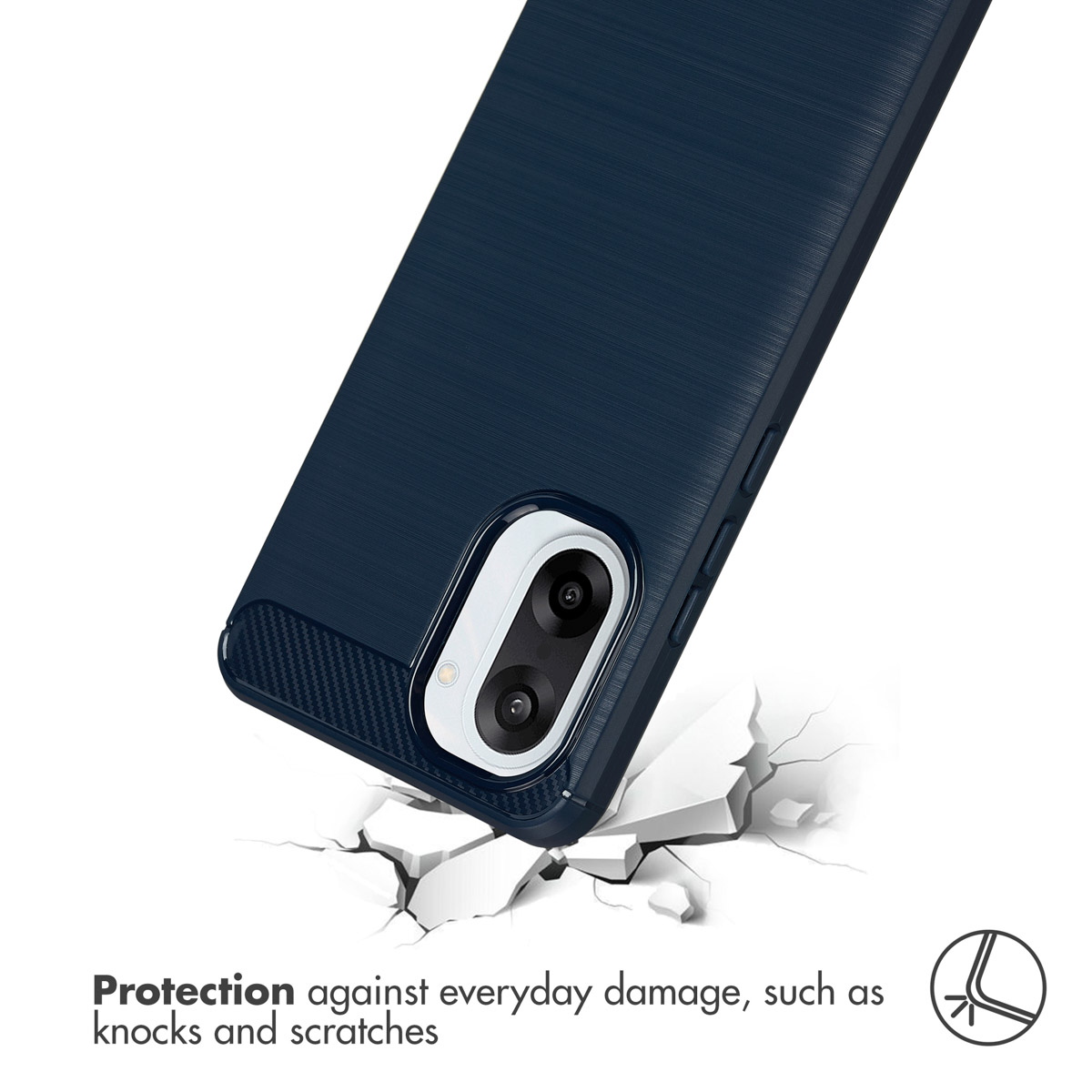 Custodia blu per smartphone con ritaglio fotocamera protegge da graffi su superficie rotta.