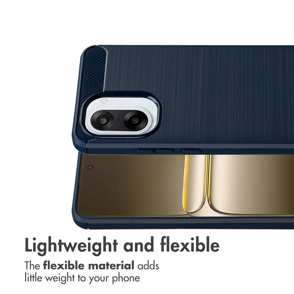 Custodia per smartphone blu con ritaglio per fotocamera e testo.