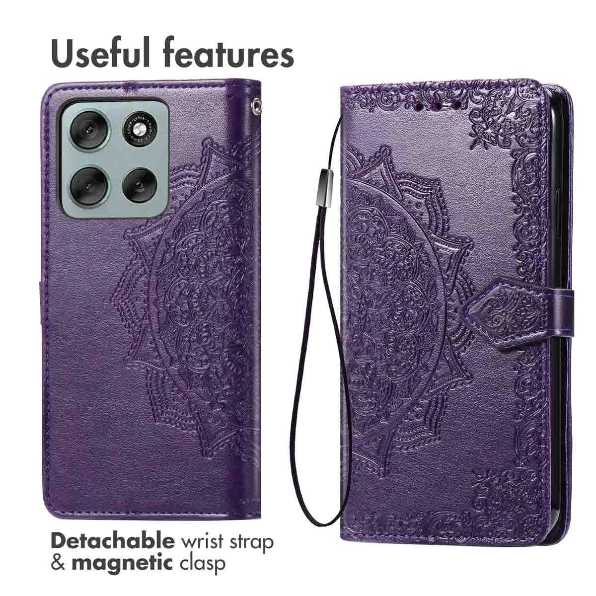 Due viste di una custodia per telefono in pelle viola goffrata con design mandala, laccetto e chiusura magnetica.