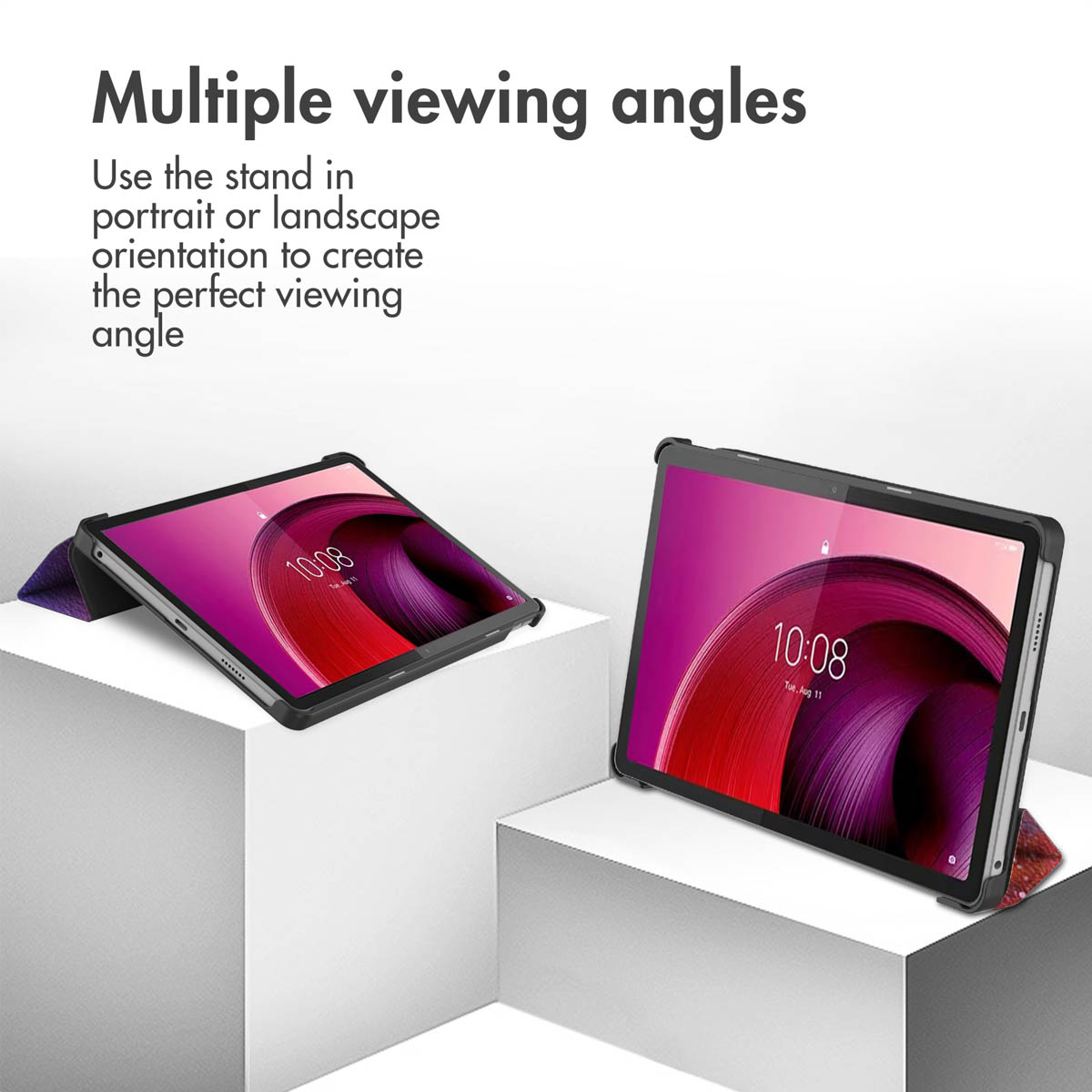 Deux tablettes sur supports et socles blancs montrent plusieurs angles.