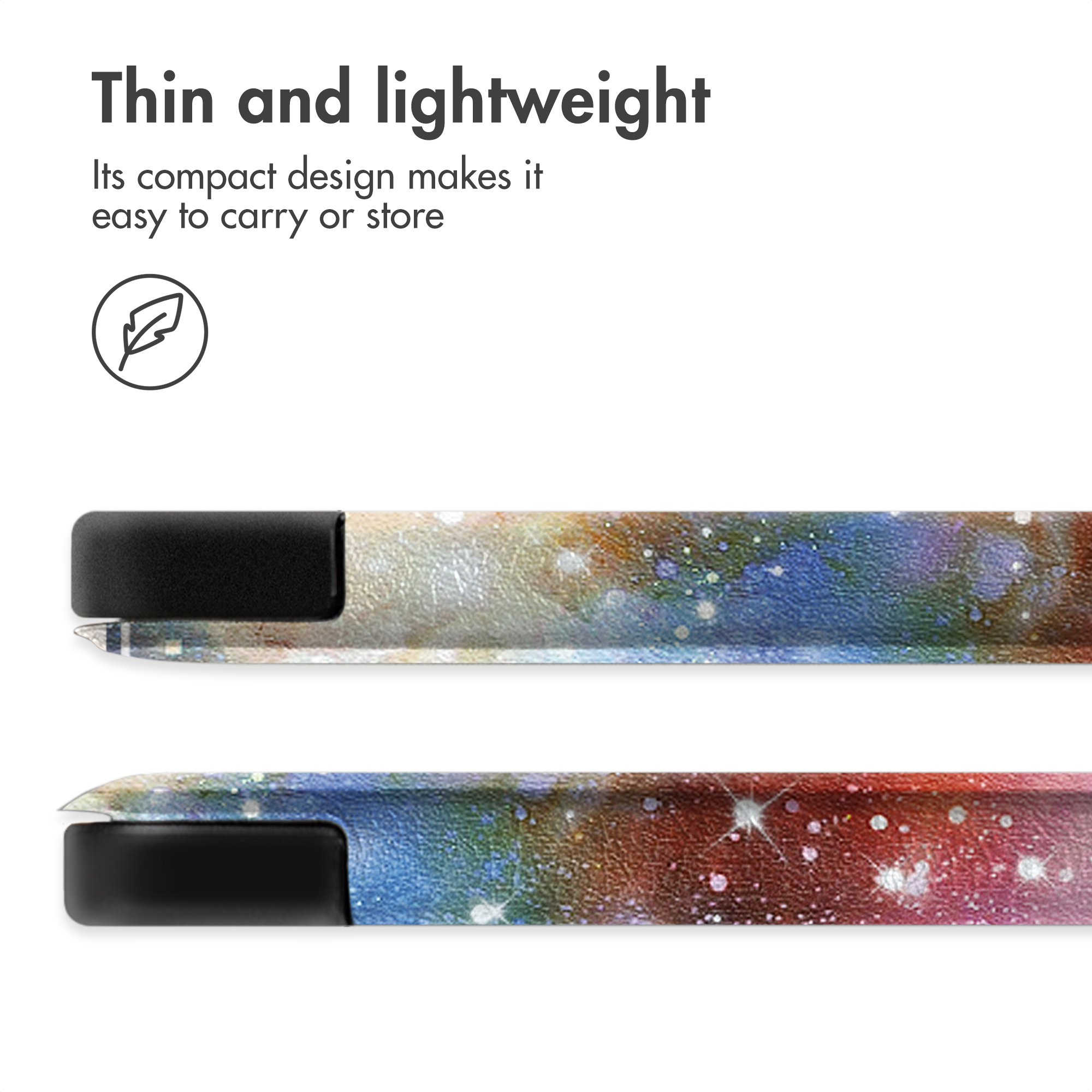 Appareil mince et léger avec motif de galaxie et texte de portabilité.
