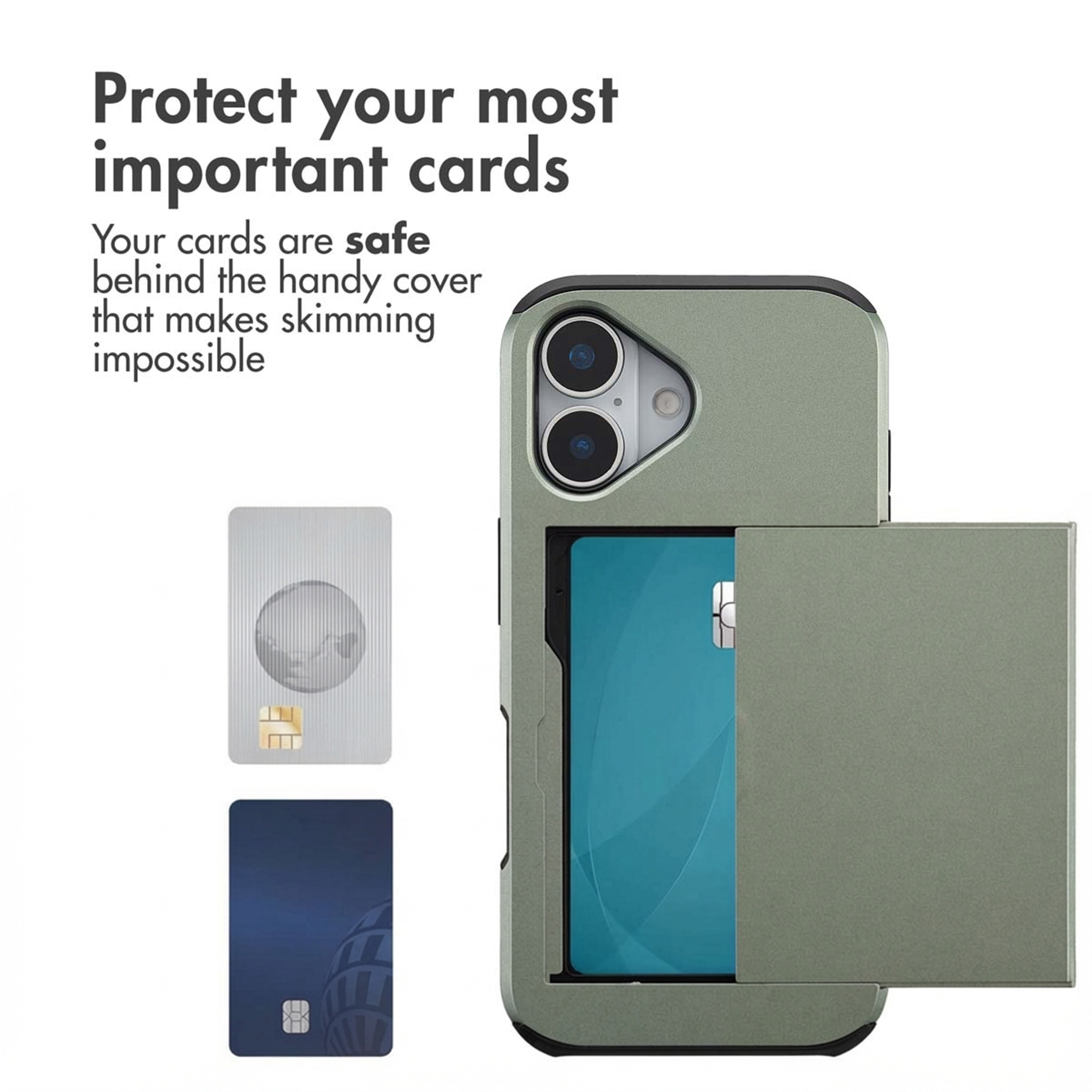 Una custodia verde per smartphone con scomparto scorrevole per carte che mostra una carta blu, con testo e carte.