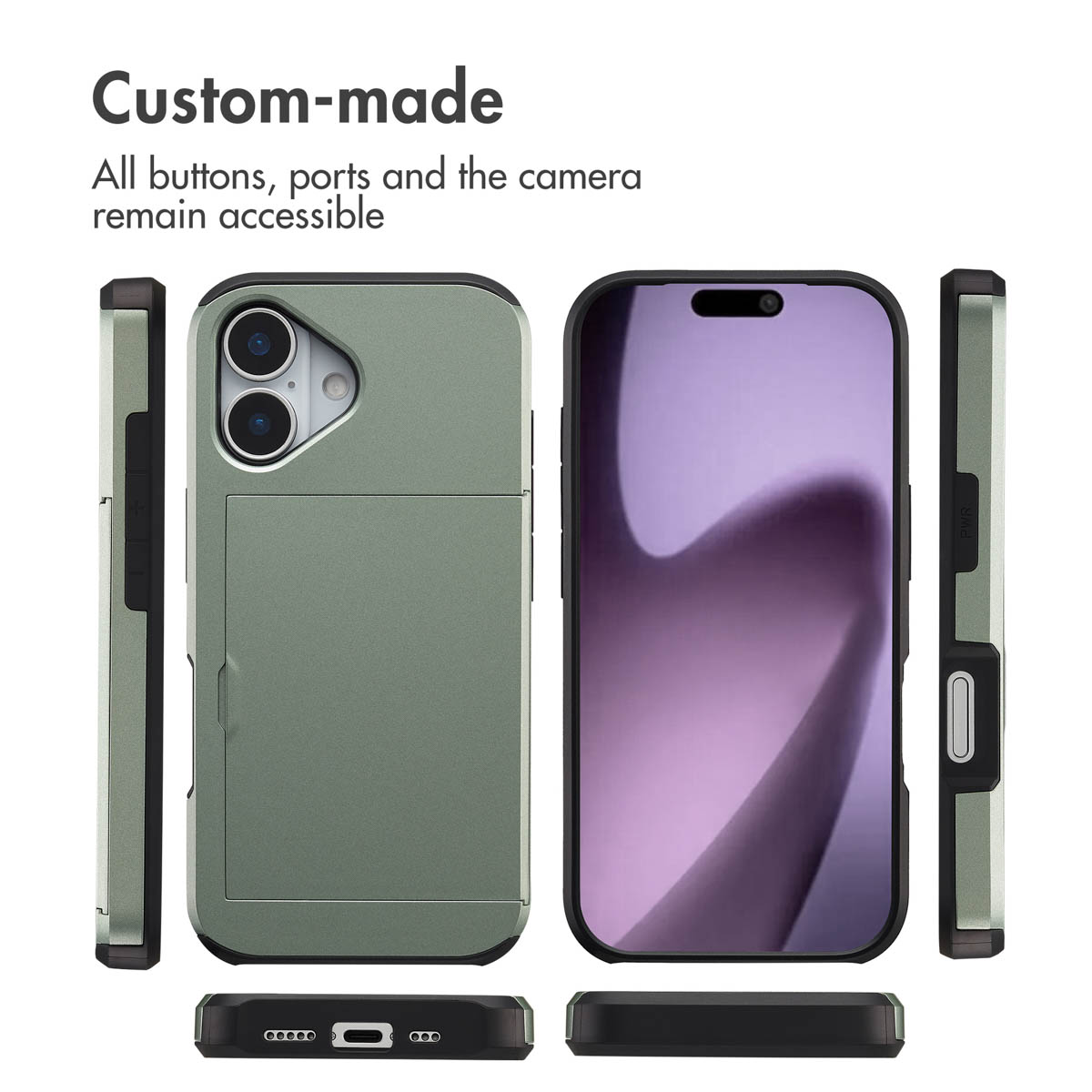 Una custodia per smartphone verde salvia con porta carte mostrata da più angolazioni su sfondo bianco.