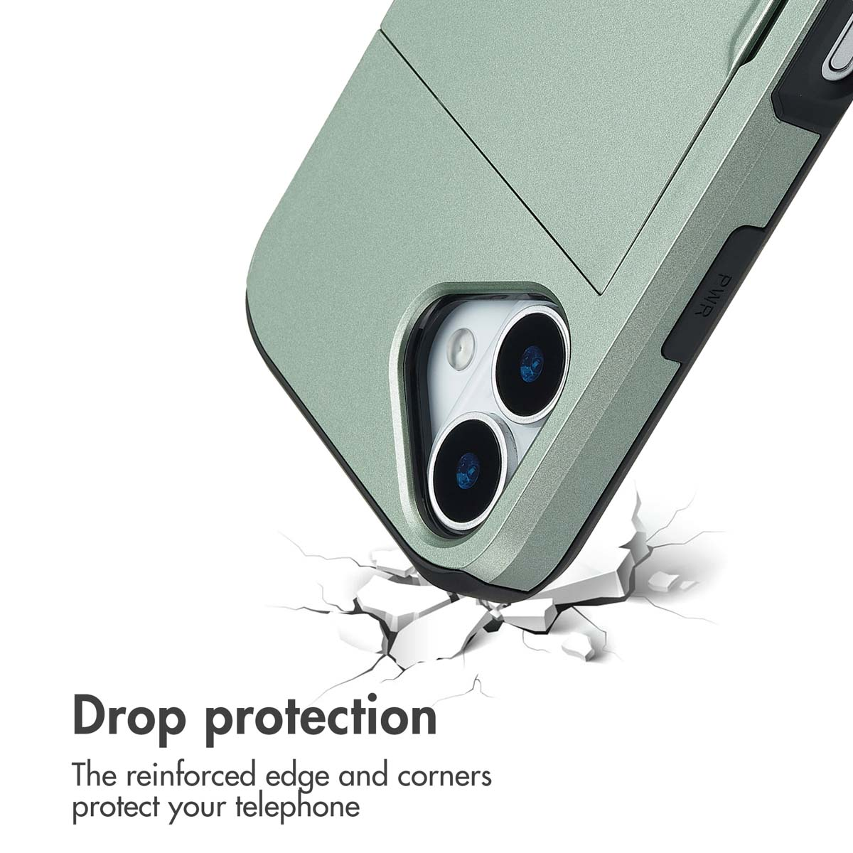 Custodia verde per smartphone con angoli rinforzati e ritaglio fotocamera su sfondo bianco screpolato.