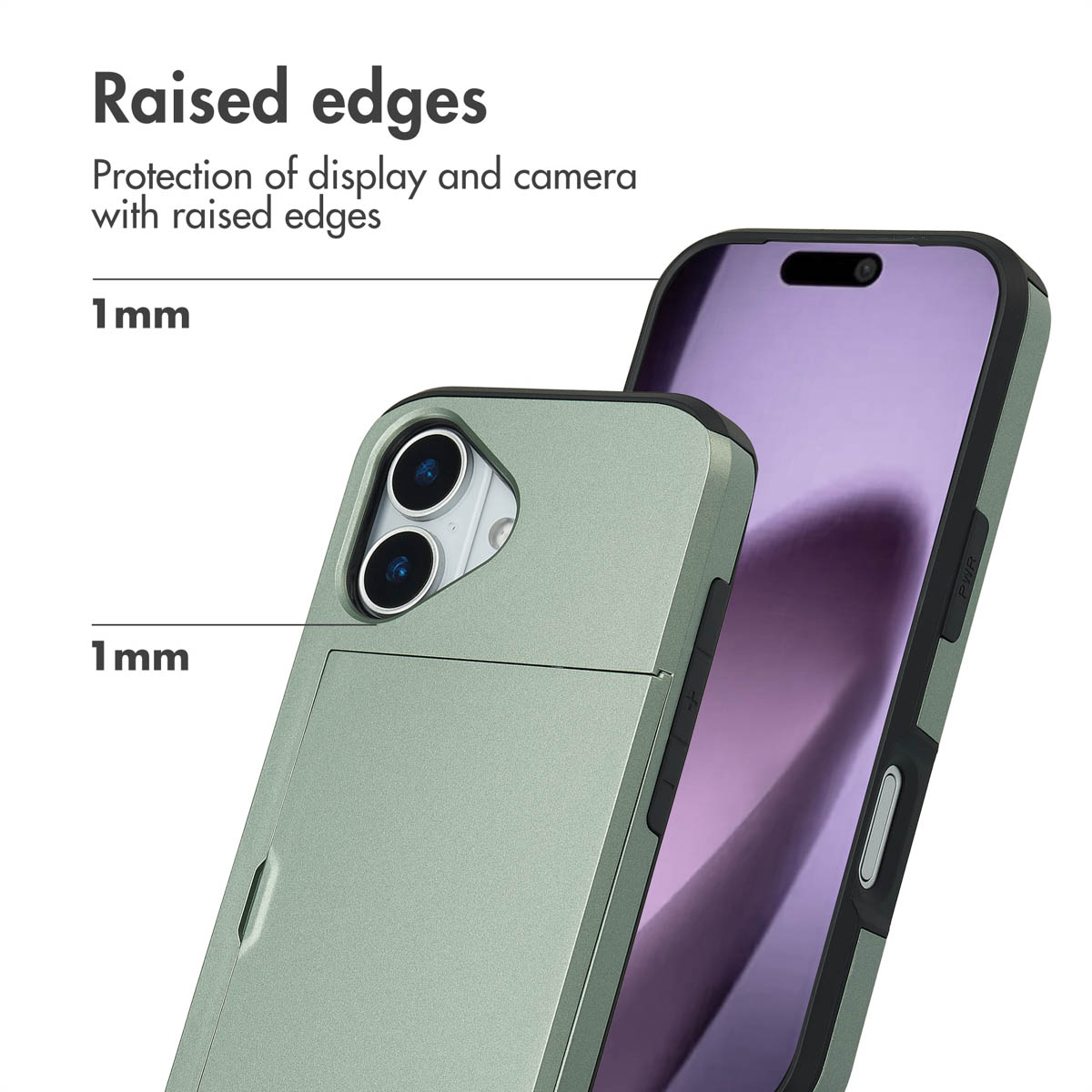 Custodia per telefono verde con bordi rialzati di 1 mm per proteggere fotocamera e display.